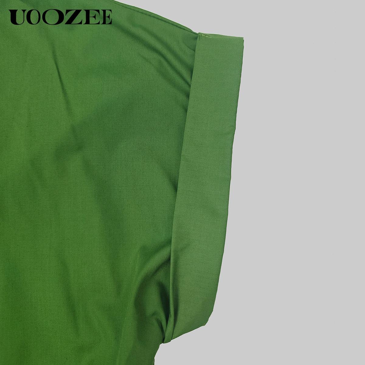 UOOZEE Women's Bright Chic Loose Short Sleeve Pleated Pocket Solid Color Slit V-Neck Maxi Dress Summer Casual Basic Cotton Blend Machine Washable Holiday Dress Womenswear Minimalist (Size is one size larger, it is recommended to order one size smaller)