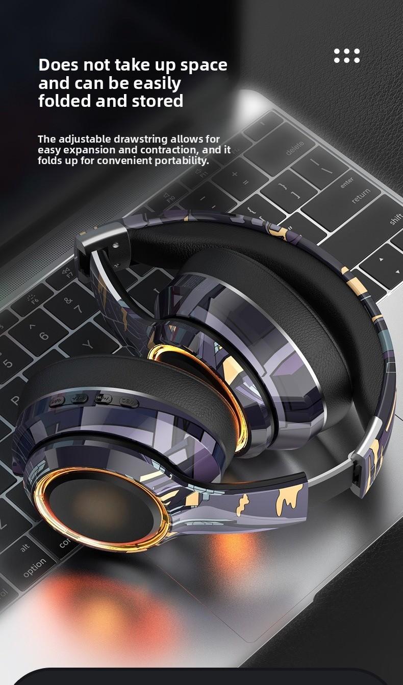 Luminous wireless over-ear Bluetooth headphones with SD card slot, noise cancellation, suitable for gaming and mobile phones.