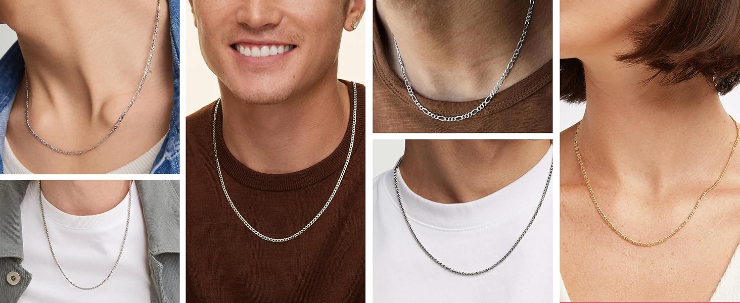 MILACOLATO Solid 925 Sterling Silver Cross Necklace for Men Women, 2mm Diamond-Cut Sterling Silver Chain with Cross Pendant Beveled Edge for Men, Silver Crucifix Cross Necklace Jewelry 16-24 Inches (Cuban Chain/Figaro Chain/Wheat Chain/Rolo Chain)