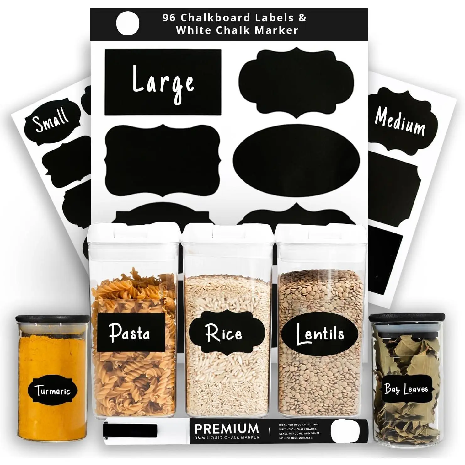96 Chalkboard Labels for Storage Bins, Chalkboard Stickers with Chalk Maker, Chalk Labels for Kitchen Containers Organizing, Removable Black  Pantry Jar Label Stickers for Glass Bottles