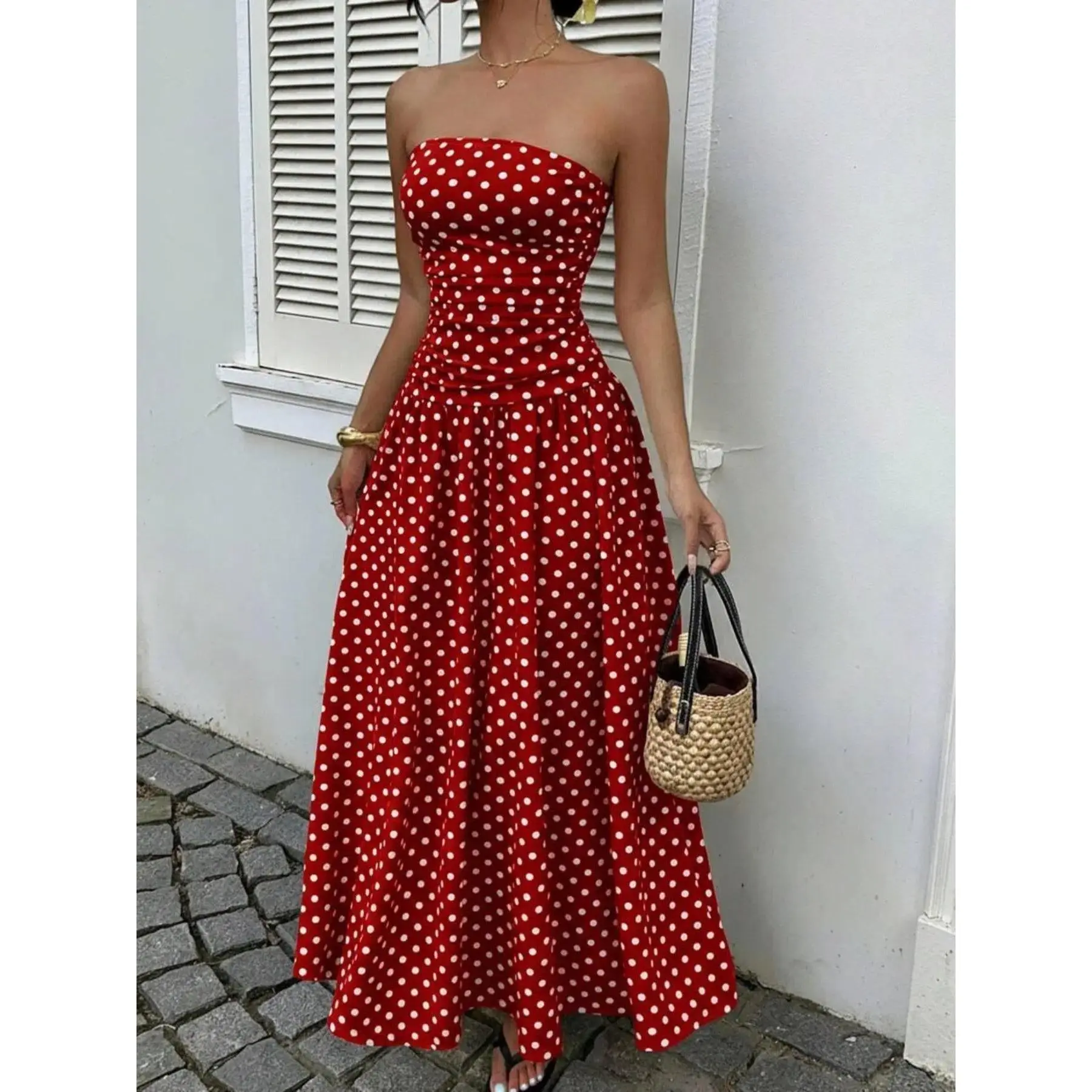 Bohemian Polka Dot Empire Waist Dress | Sleeveless Crop Top Maxi with Sunflower Long Skirt for Beach