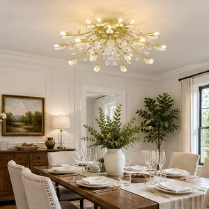ARCH 15-Light Crystal Chandelier Gold Modern Farmhouse Ceiling Light Fixture for Dining Room Kitchen Island, Metal Frame with Seeded Glass, 15 G9 Bulb Base, No Bulbs Included, Rectangular Design, American Traditional Style, Gold Color Options