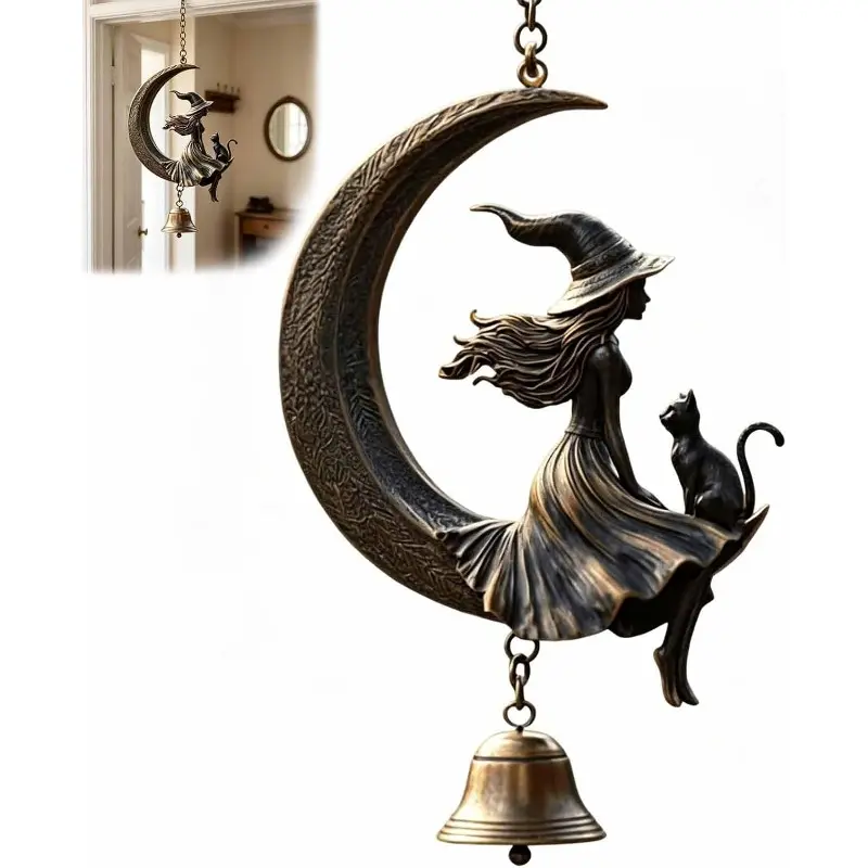 Vintage Bronze Crescent Moon Witch Wind Chime, Resin Witch Cat Figurine with Metal Bell & Hanging Chain, Mystical Witchy Gothic Hanging Ornament for Home Garden Porch Window, Halloween Housewarming Gift for Cat Lovers & Spiritual Seekers