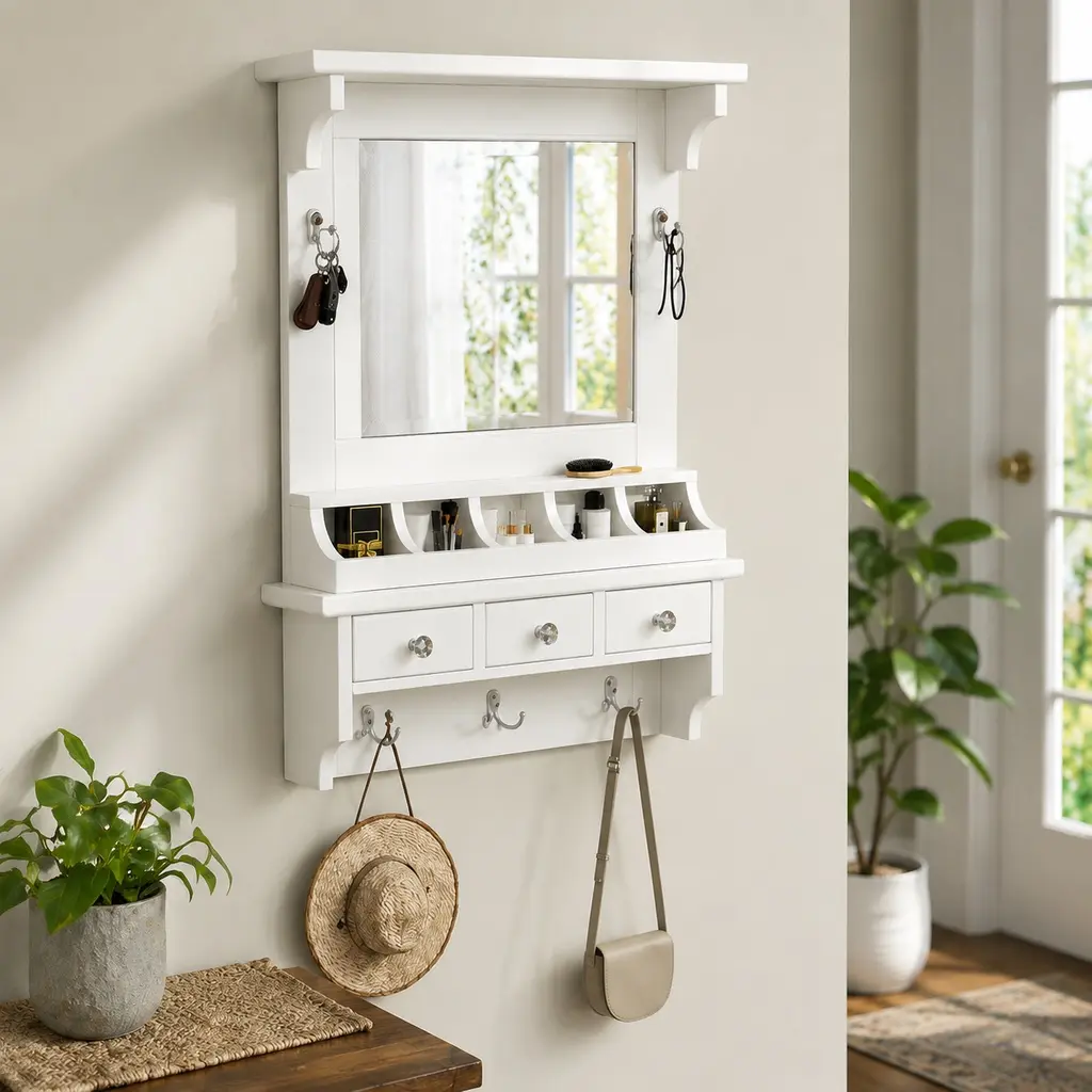 White MDF Pre-Assembled Wall-Mounted Compartment Mirror Cabinet - Drawer Set with 3 Drawers, 5 Pockets, 5 Hooks, Full-View Arched Mirror, Space-Saving Entryway Organizer for Small Rooms, Compartment Mirror Cabinets, Drawer Set Mirror Cabinets