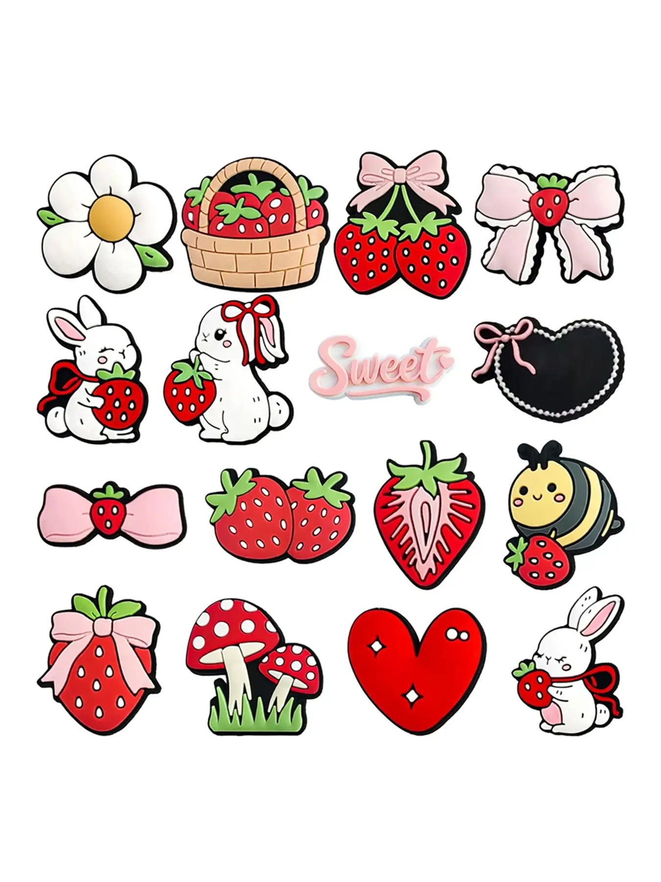 5-16pcs Cartoon Strawberry Bow Rabbit PVC Shoe Decorations, Cute Shoe Charms, Detachable DIY Non-Toxic, Ideal for Holes Shoes & Bags, Perfect Gift for All Seasons