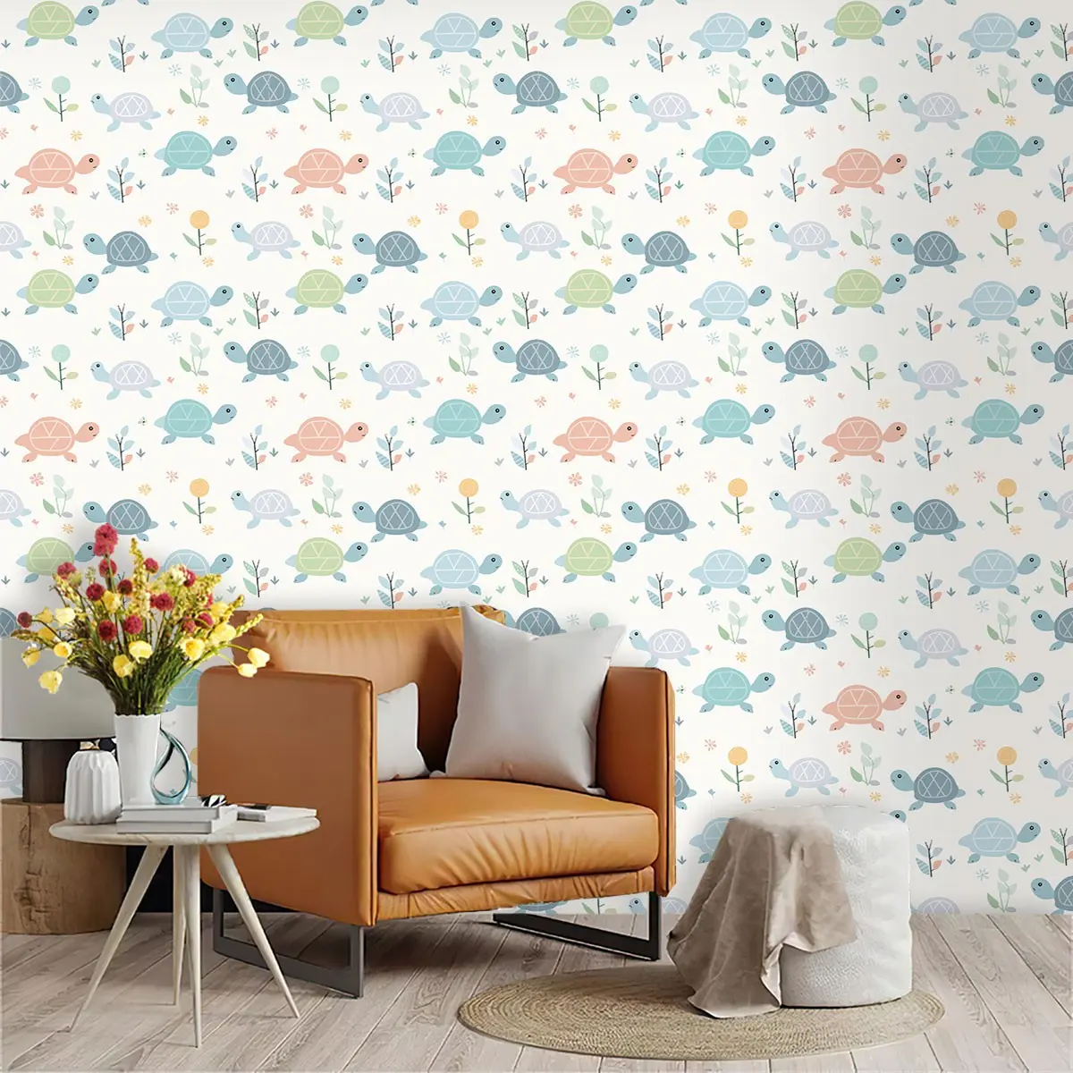 Cartoon Turtle Theme Wallpaper, PVC Material, Self-Adhesive, Mould-Proof, Ideal for Living Room, Kitchen, Bedroom, Wall Decoration