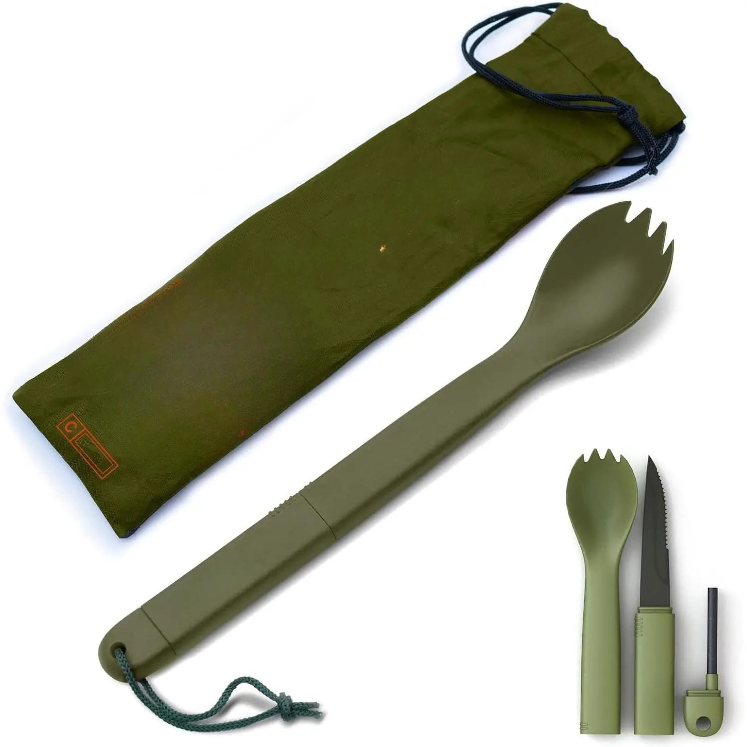 Spork Tactical Green |   BPA Free Spoon Fork, Stainless Steel Knife and Fire Starter |   3 in 1 multipurpose utensil |   Outdoor hiking, camping & backpacking gear |     MRE