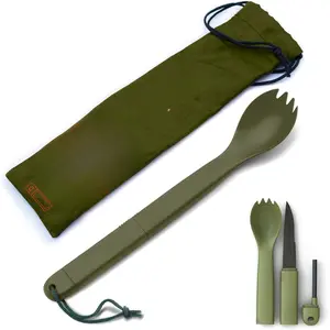 Spork Tactical Green |   BPA Free Spoon Fork, Stainless Steel Knife and Fire Starter |   3 in 1 multipurpose utensil |   Outdoor hiking, camping & backpacking gear |     MRE