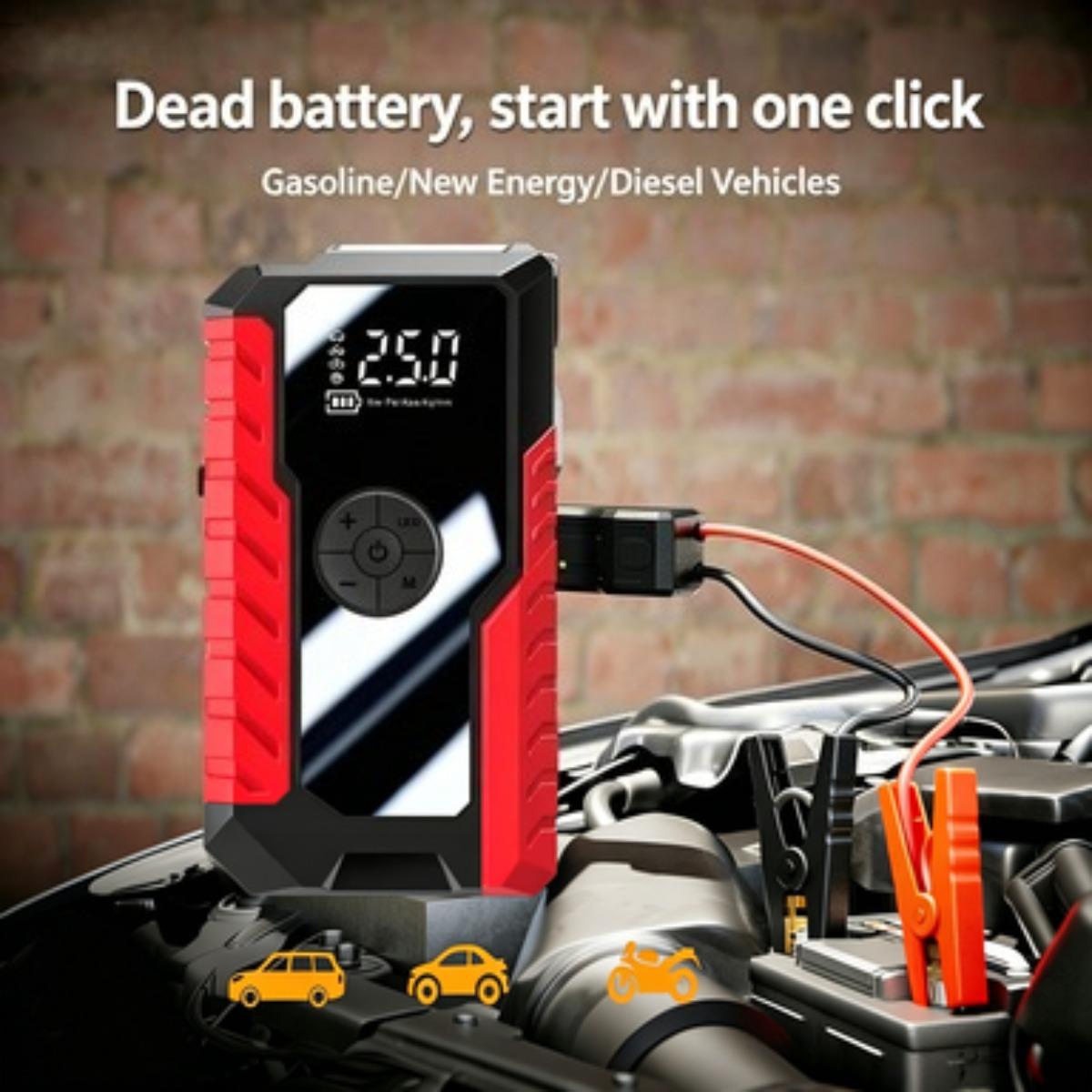 12V Portable Car Jump Starter with Tire Inflator, 2-in-1 Emergency Power Pack with Air Compressor, Power Bank & LED Light Kit Removal Set Tool