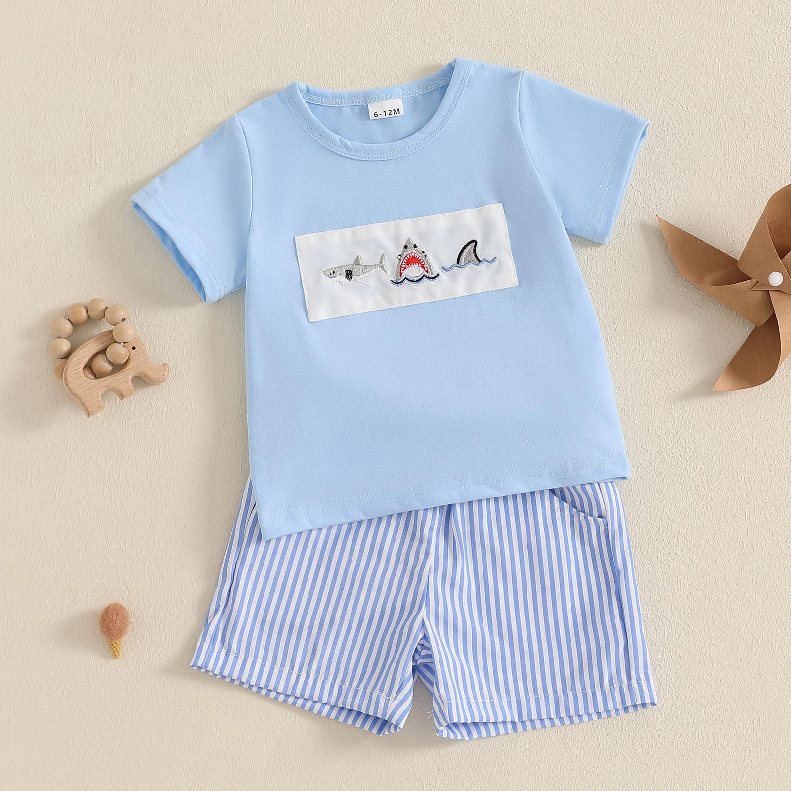 Toddler Baby Boy Summer Outfit Animal Embroidery Round Neck Short Sleeve Top Stripe Shorts Casual 2pcs Set Summer Clothes