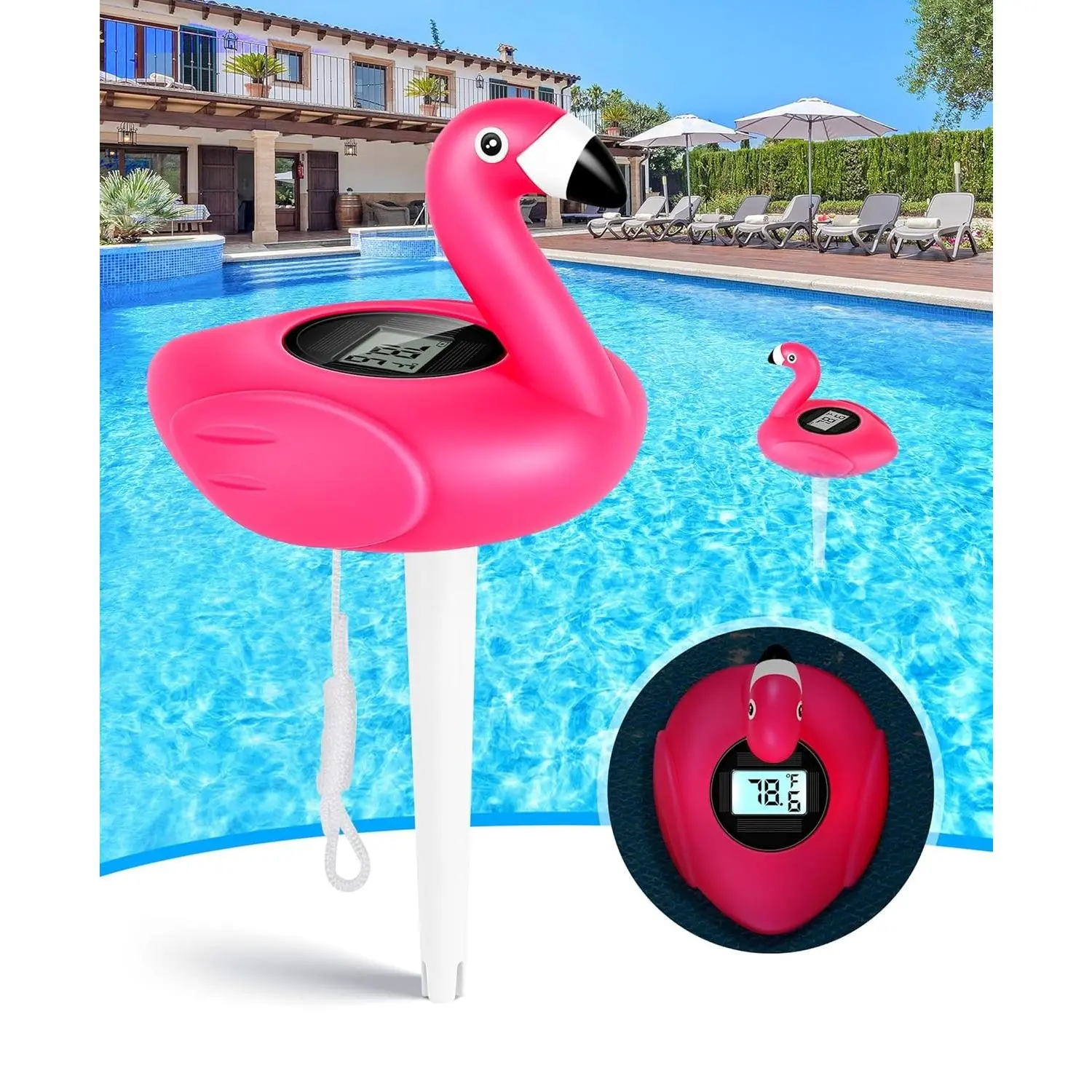 2026 Flamingo Pool Thermometer Solar-Powered | Auto Backlight for Easy Night Read | Pool Temperature Thermometer with Rope | Floating Pools Temperature Gauge for Hot tub- All Round Year Use