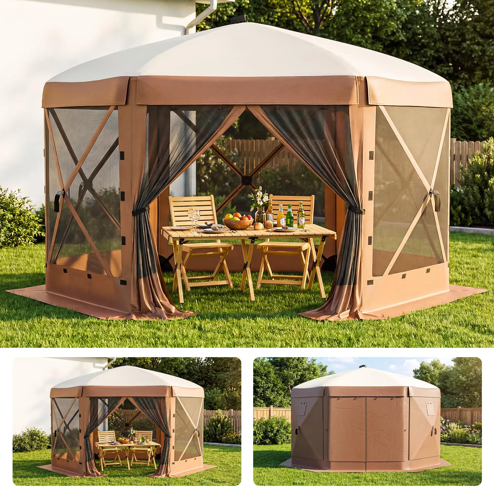 13x13FT Pop-Up Canopy Tent, Instant Setup, Spacious 6-Sided Shelter, Detachable Wind Cloths, Beige & Khaki