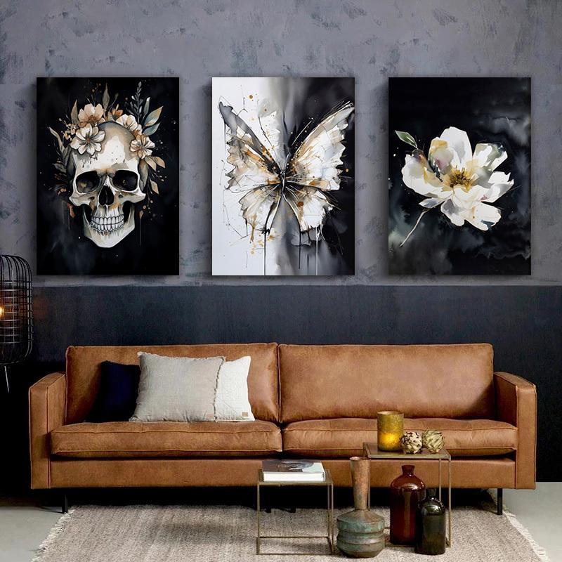 Framed 3 Pieces Skull Pansy Canvas Poster Black and White Gothic Wall Art Witch Wall Decor Perfect Gift for Friends and Family Flower Skull Butterfly Abstract Wall Art Canvas Print Home DecorAlready frameddopamine decor gifts boyfriend poster