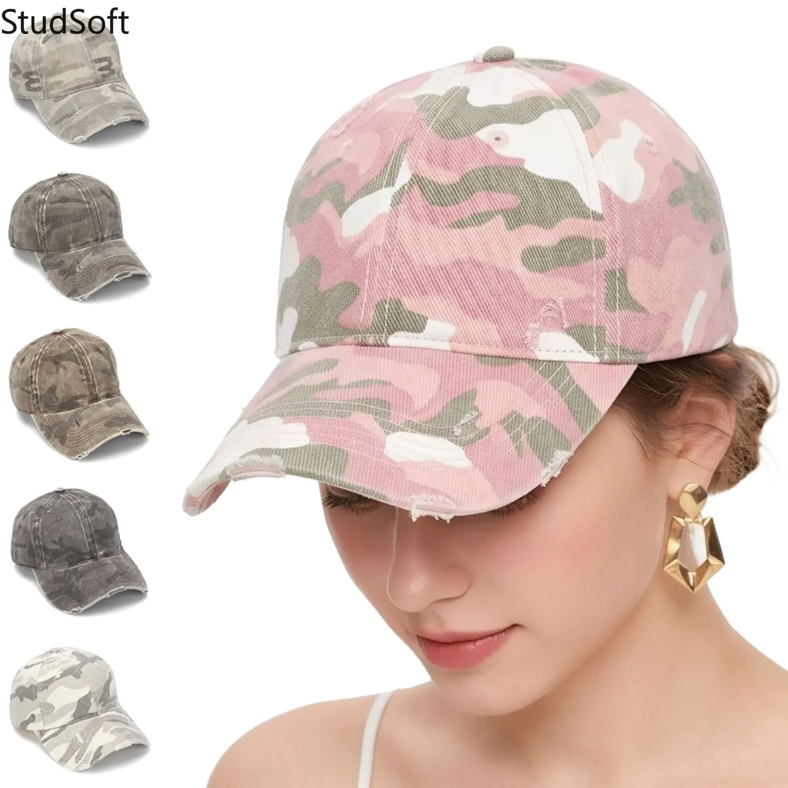 Women's Pink Camo Washed Cotton Distressed Ripped Hole Trucker Hat - Adjustable Denim Unisex Baseball Cap for Outdoor Travel, Sports & Outdoor Accessories, Hats, Accessories For Women, Trucker Hats Women,back to school,back to school haul
