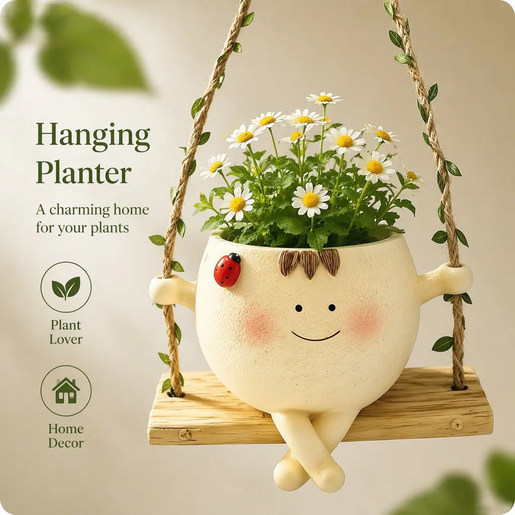 Hanging Swing Face Planter Pot, 1 Pack Resin Head Flower Pots, Cute Succulent Hanging Planters for Indoor Outdoor Plants, Hanging Flower Basket Plant Holder, Garden Yard Patio Window Wall Decor, Decorative Vase Home Ornament for Plant Lovers