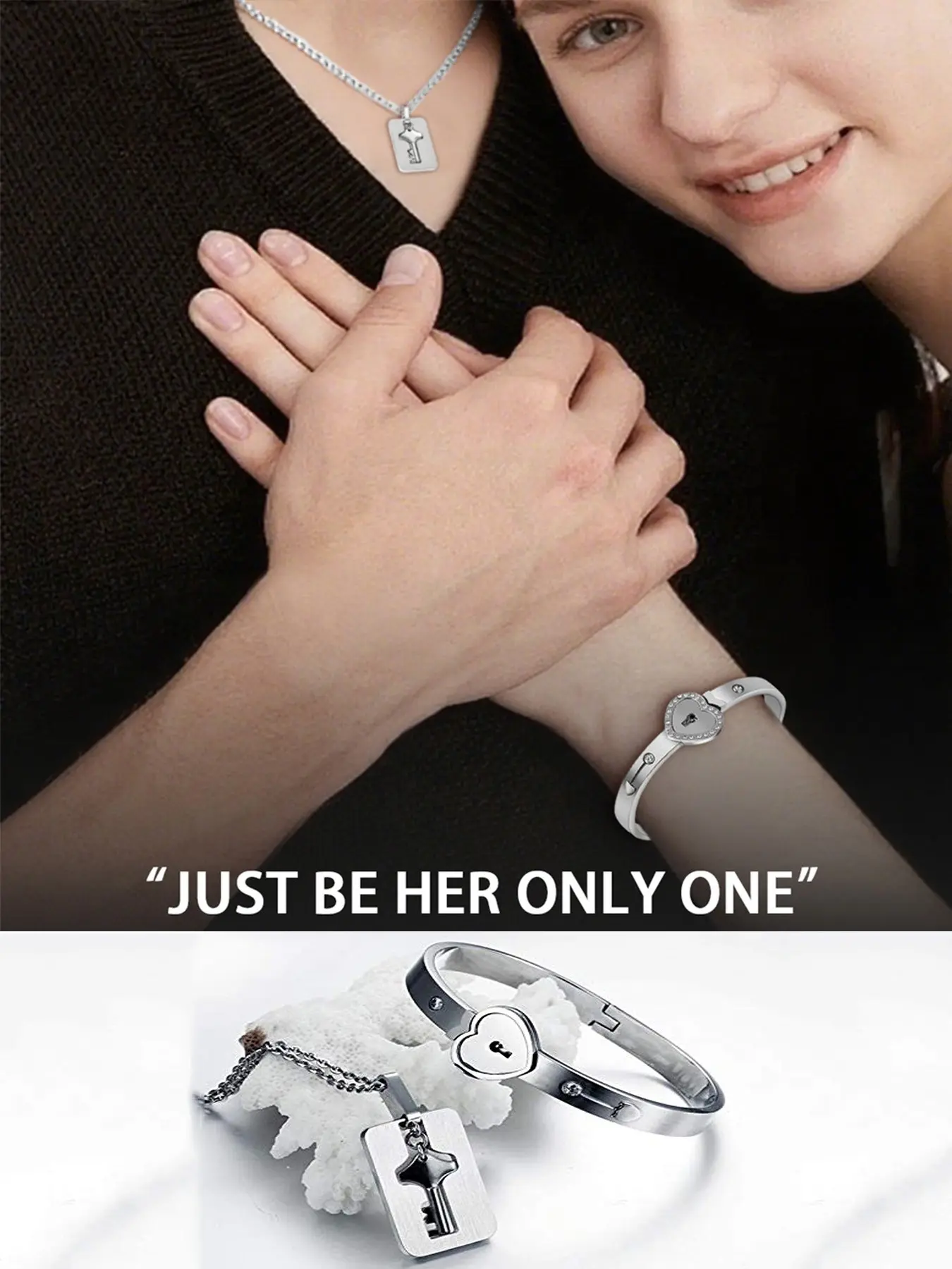 Matching Couple Heart Lock Bangle & Key Necklace Set, Stainless Steel Lover Jewelry, Heart Lock Bracelet for Her, Key Tag Pendant for Him, Symbolize Eternal Love, Perfect Matching Accessories for Couples, Romantic Daily Matching Outfit Jewelry