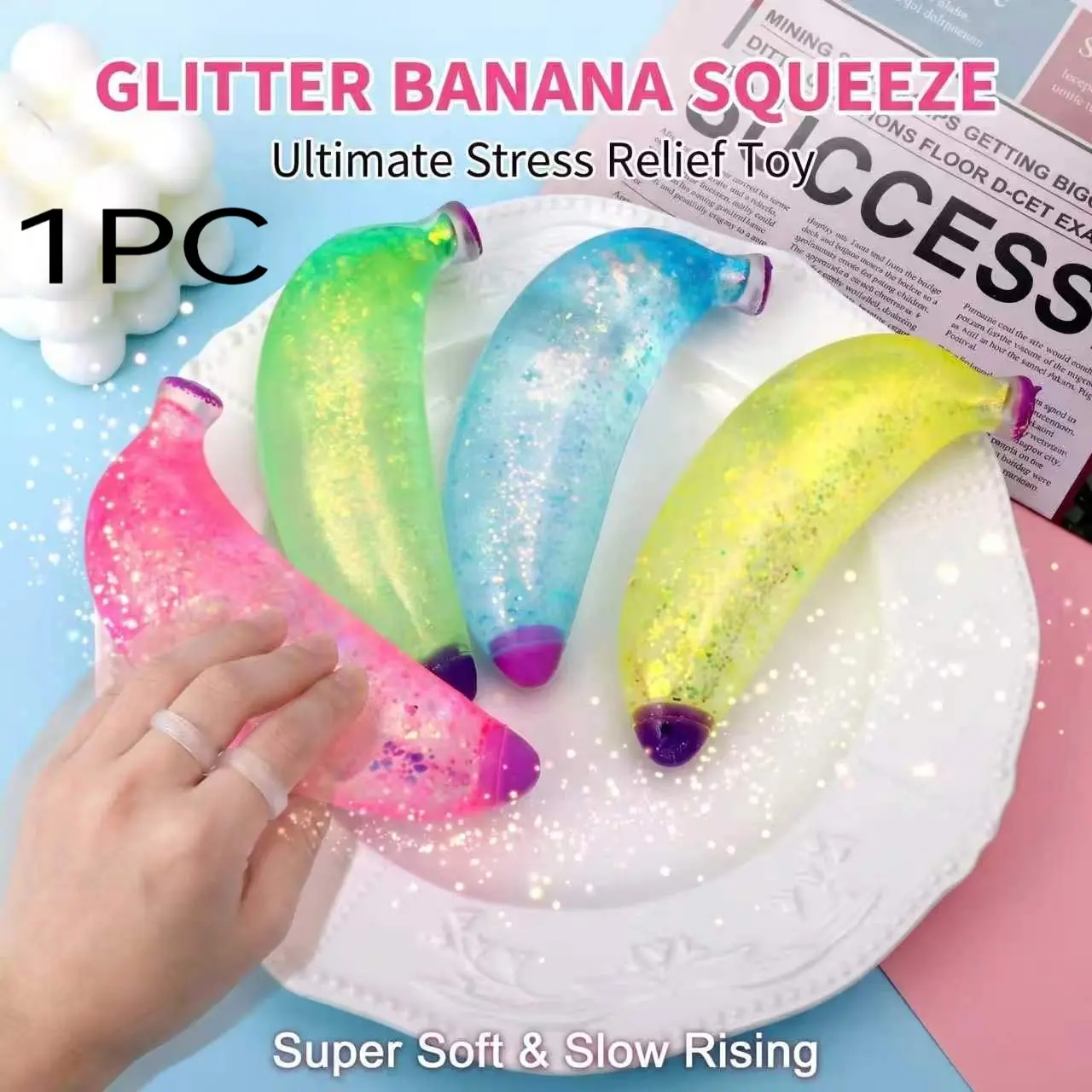 Cute Shiny Squishy Banana Soft Toy, Stress Relief Squeeze Toy for Kids & Adults, Slow Rebound Sensory Hand Activity Toy, Soft Anxiety Fidgets, Anxiety Relief, Relaxing Toy