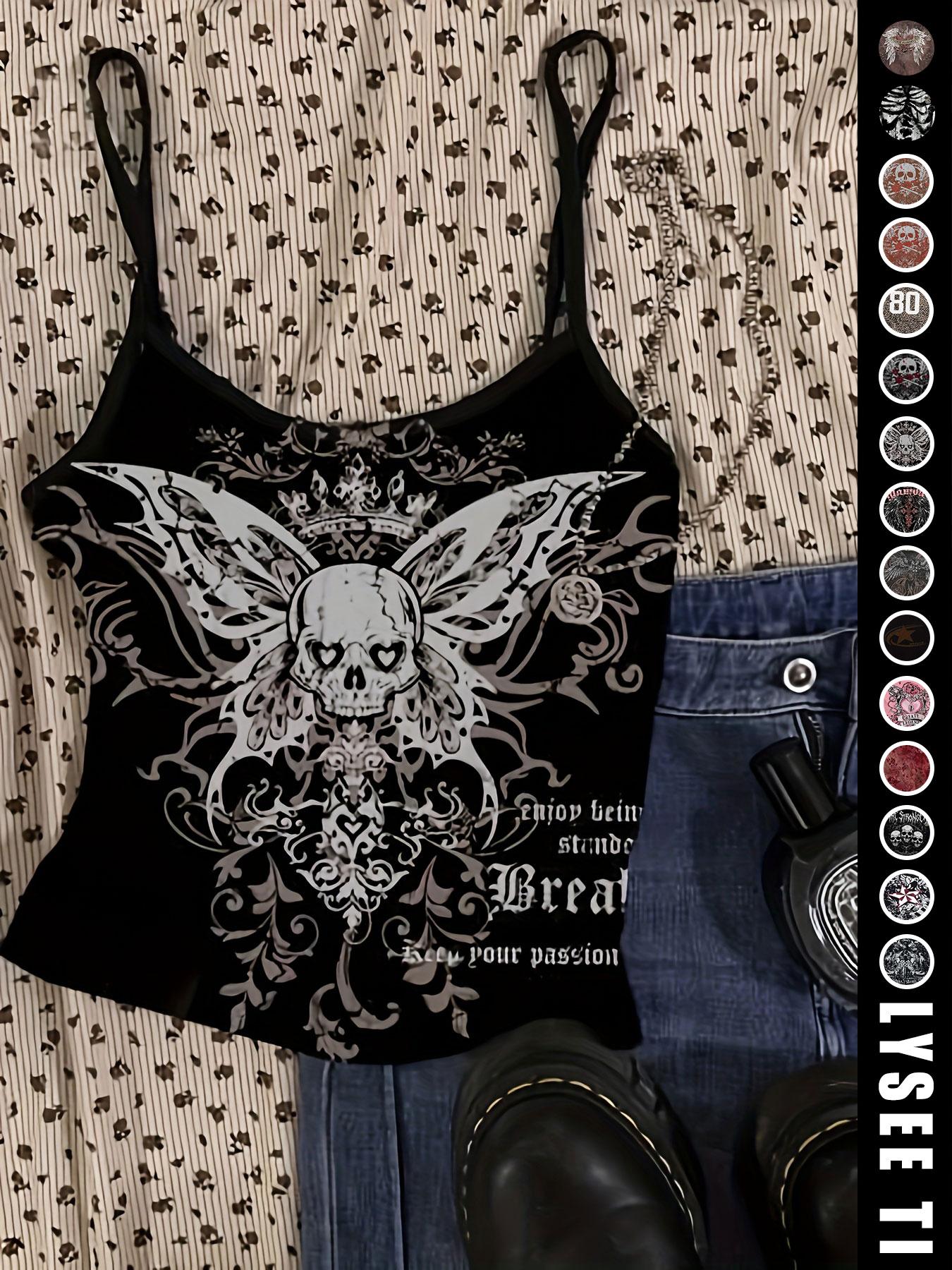 Vintage American Casual Slim-Fitting Skull Eagle Print Crop Top for Valentine's Day and Music Festival, Trendy Summer Vest for Women