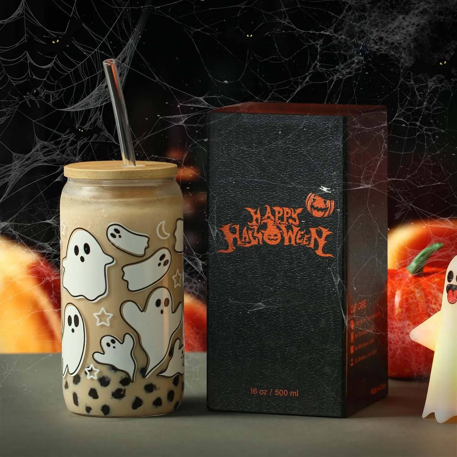 Halloween  Fall Glass Cup with Lid Straw Gifts for Women | 16oz  Fall Mug, Iced Coffee Glass Tumbler, Goth Teens girls Basket Stuffer for Halloween
