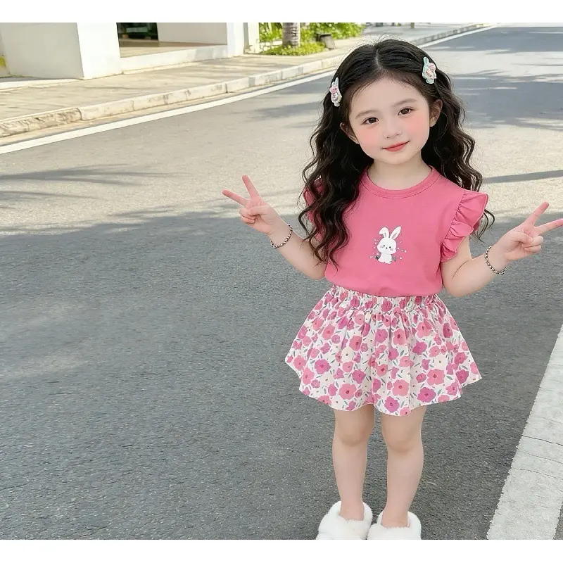 Cartoon set, flying sleeve vest, floral shorts, two-piece set, simple summer new style, girls' stylish cartoon set