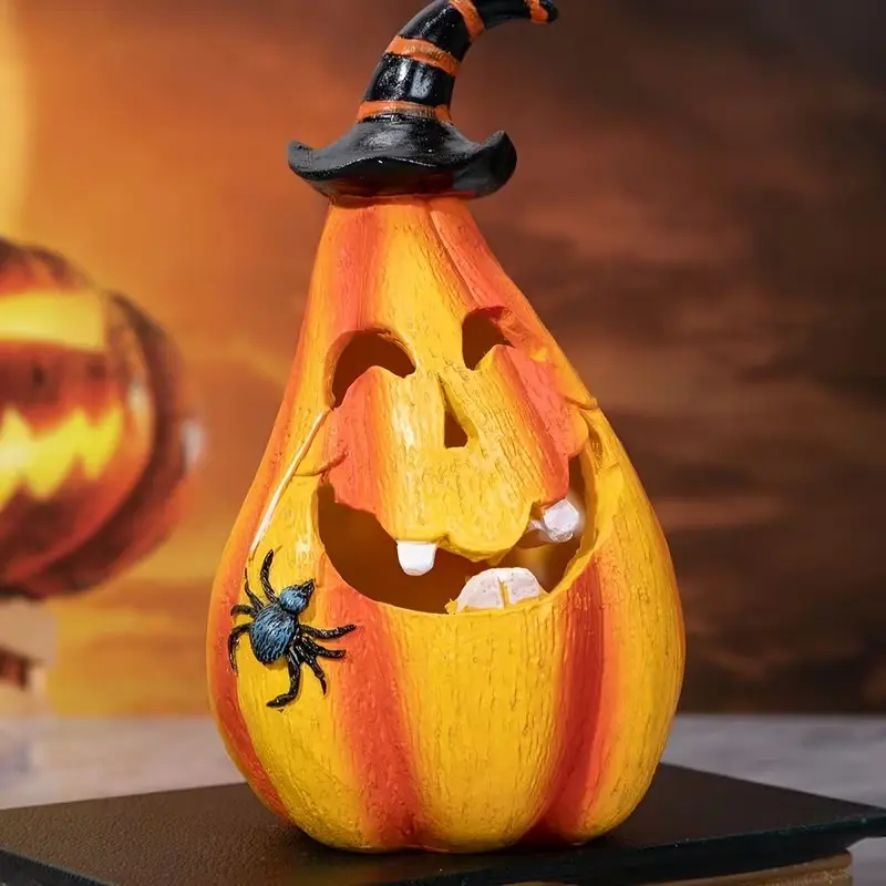 1pc Whimsical Spooky Halloween Pumpkin Decoration with Witch Hat - Durable Resin, candle holder，Indoor/Outdoor Use，Perfect for Party & Home Decor, Halloween Decorations，halloween gift