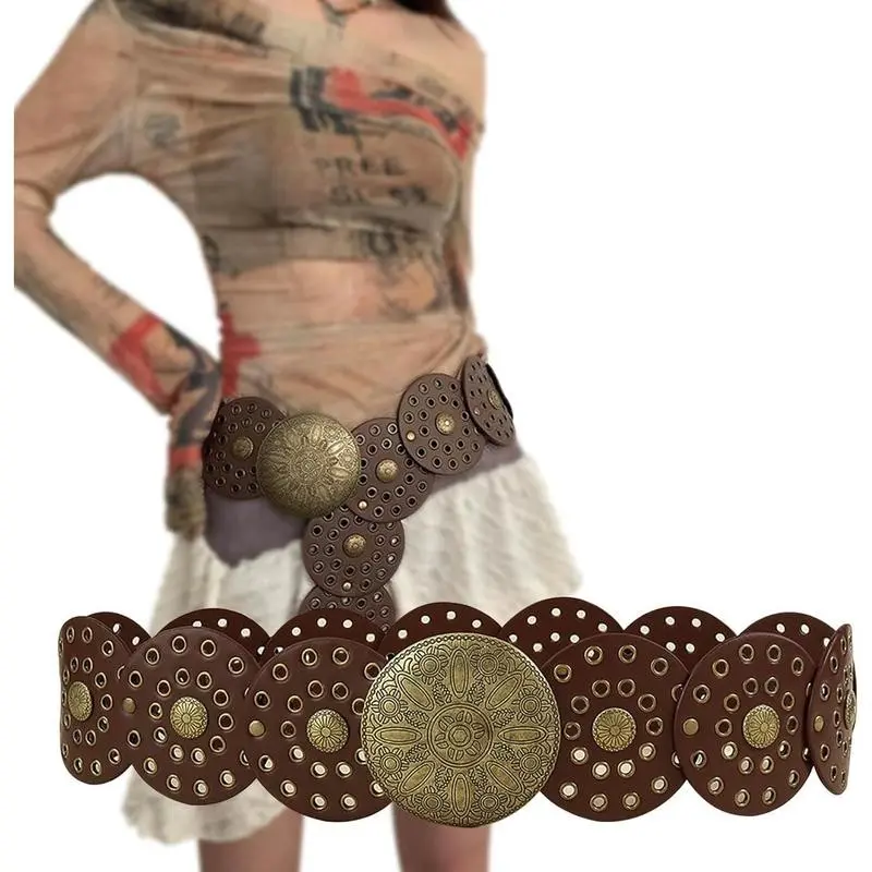 Chunky Belts for Women Western Style, Boho Wide Disc Concho Leather  Belt Vintage Country Circle y2k Belt