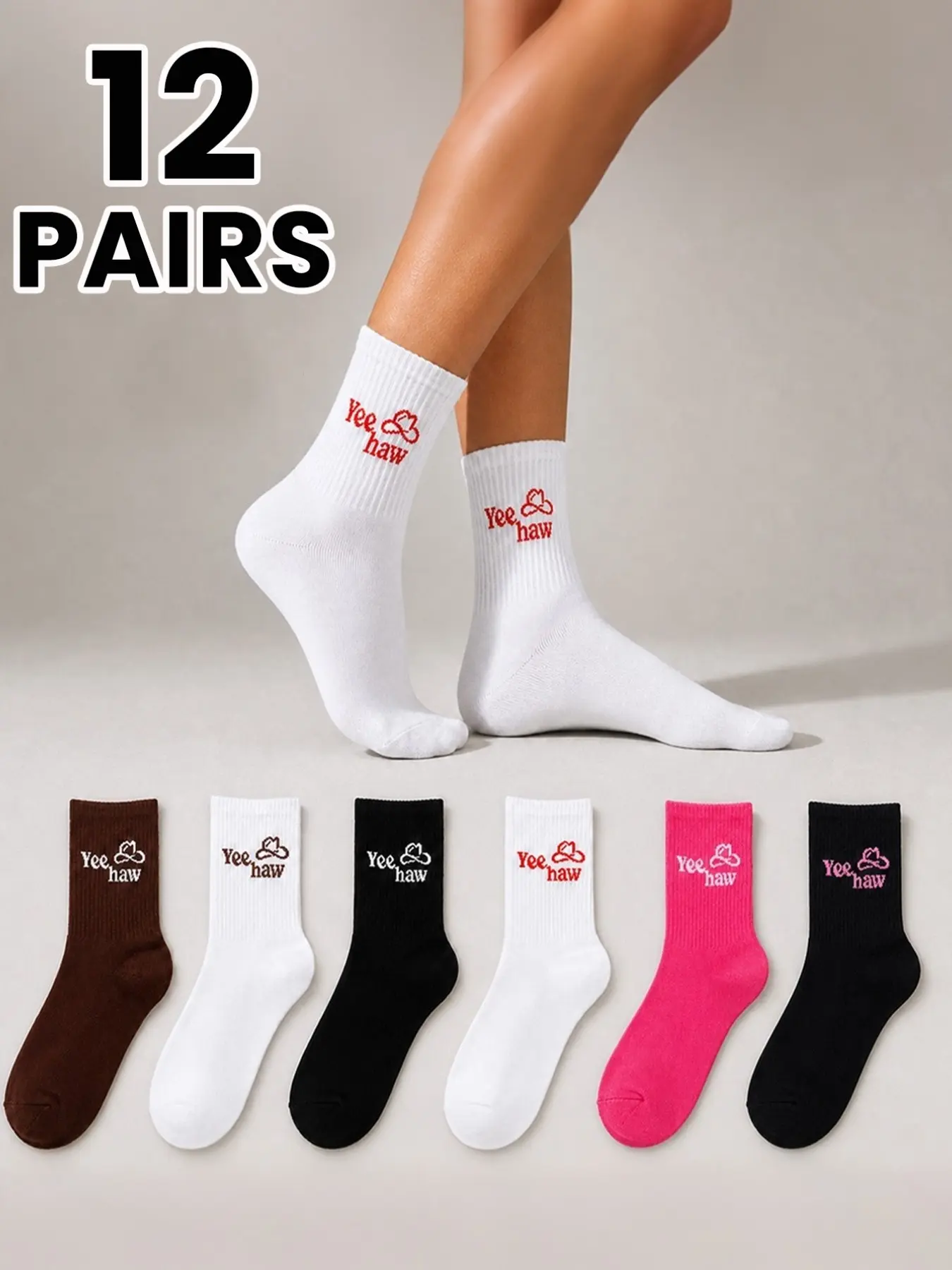 12 Pairs Unisex Mid-Calf Socks, Fashion Letter Pattern, Perfect for Campus Wear, Ideal for Back-To-School Season