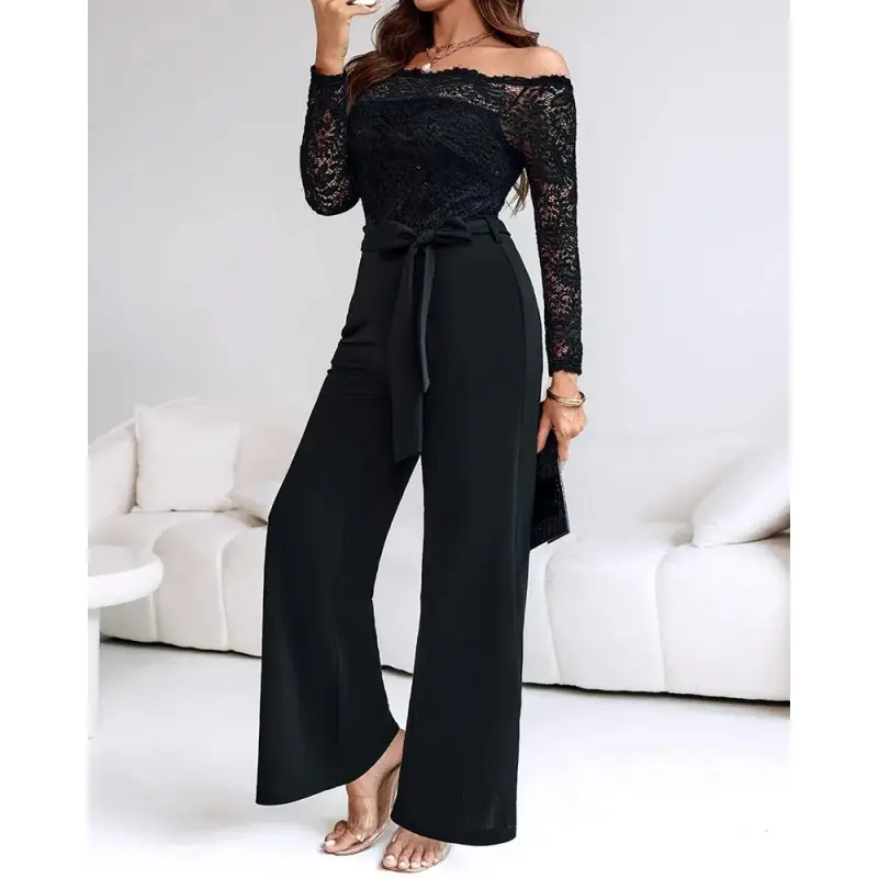 Women's Chic Off-Shoulder Fitted Long-Sleeve Jumpsuit - Eyelash Lace, Tie-Waist, Slim-Fit Overall for Wedding Guests, Black Casual Women's Suit Set, Longsleeves