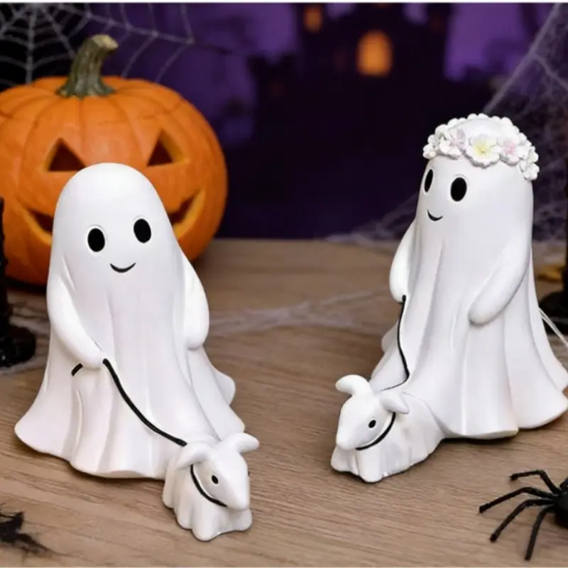 Halloween Ghost Walking Dog Statue, Cute Spooky Ghost Puppy Figurine, Resin Animal Figurines Decor for Indoor and Outdoor, Halloween Gift Ornament