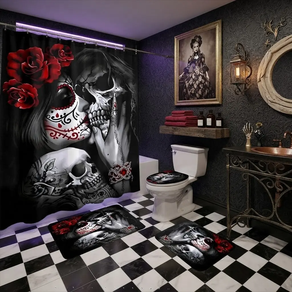 4pcs Day of the Dead Sugar Skull Couple Kissing With Red Rose Tattoo Pattern Decorative Shower Curtain Bathroom Decor Set, Gothic Romantic Skeleton Art Restroom Ornament, Halloween Dark Retro Household Washroom Decoration