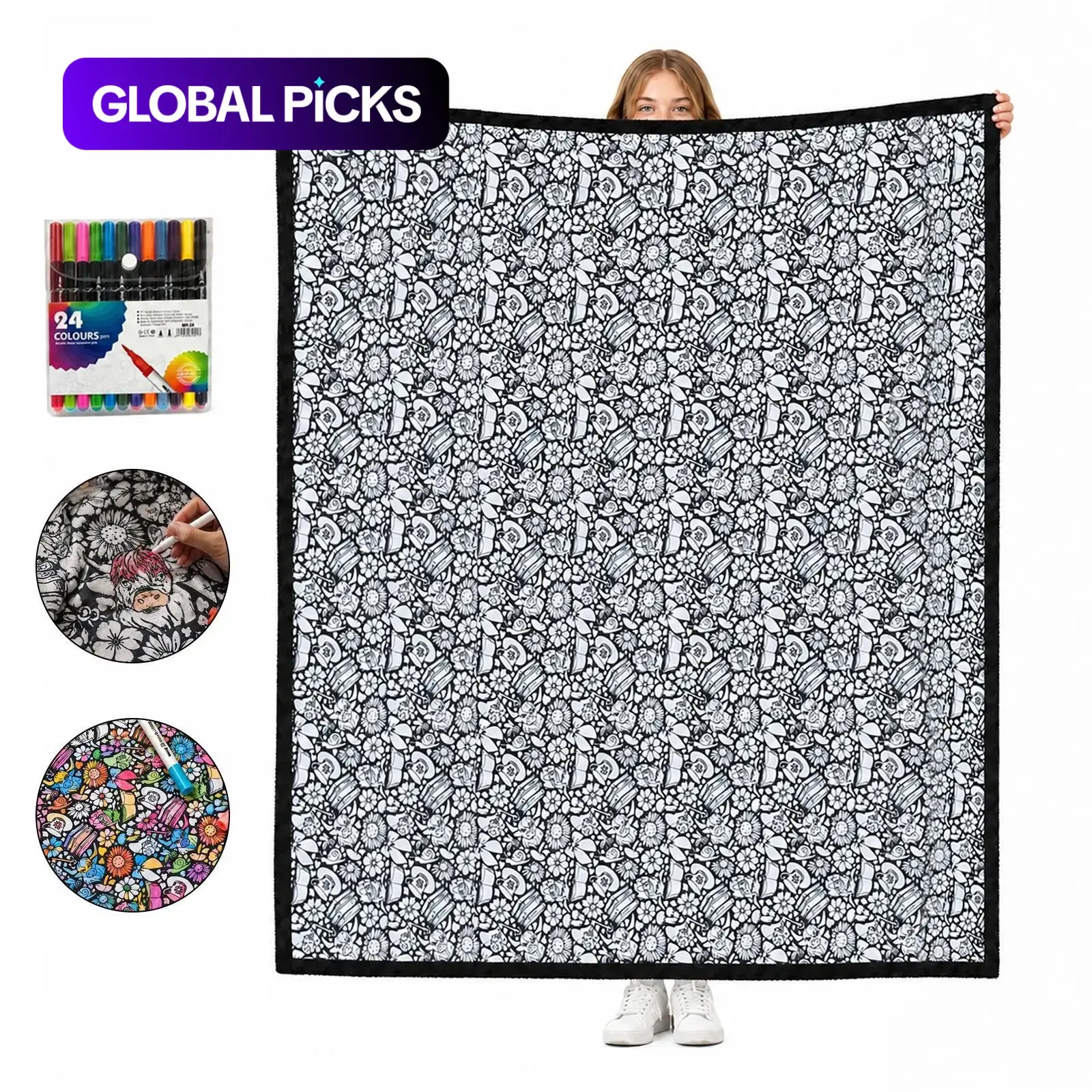 DIY Coloring Blanket Kit with 24 Washable Markers, Reusable Doodle Throw, Soft Plush Backing, 47.6 X 56.7 In, Creative Gift for Teens and Adults