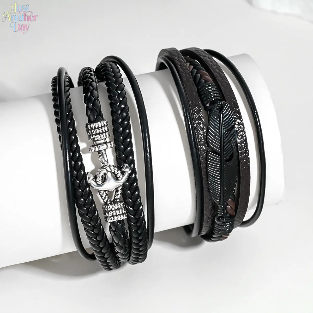 2 Pack Vintage Braided Leather Wrap Bracelets with Anchor & Feather Pendant, Retro Punk Hip-hop Multi-layer Leather Bangle, Adjustable Trendy Casual Accessory Gift for Men & Women Daily Outfit