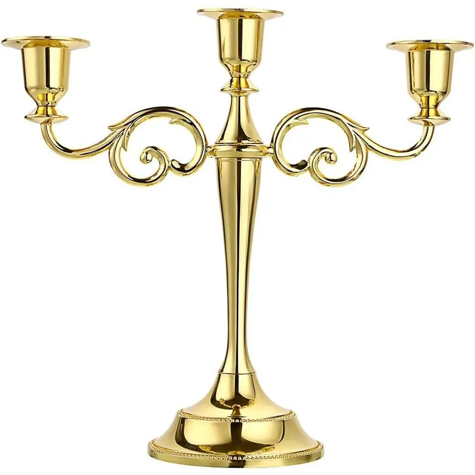 3 Arms Metal Candelabra Gold Taper Candlestick Holder | European Elegant Candle Holder, Metal Candle Stand for Wedding Dining Table Christmas Party Home Decoration