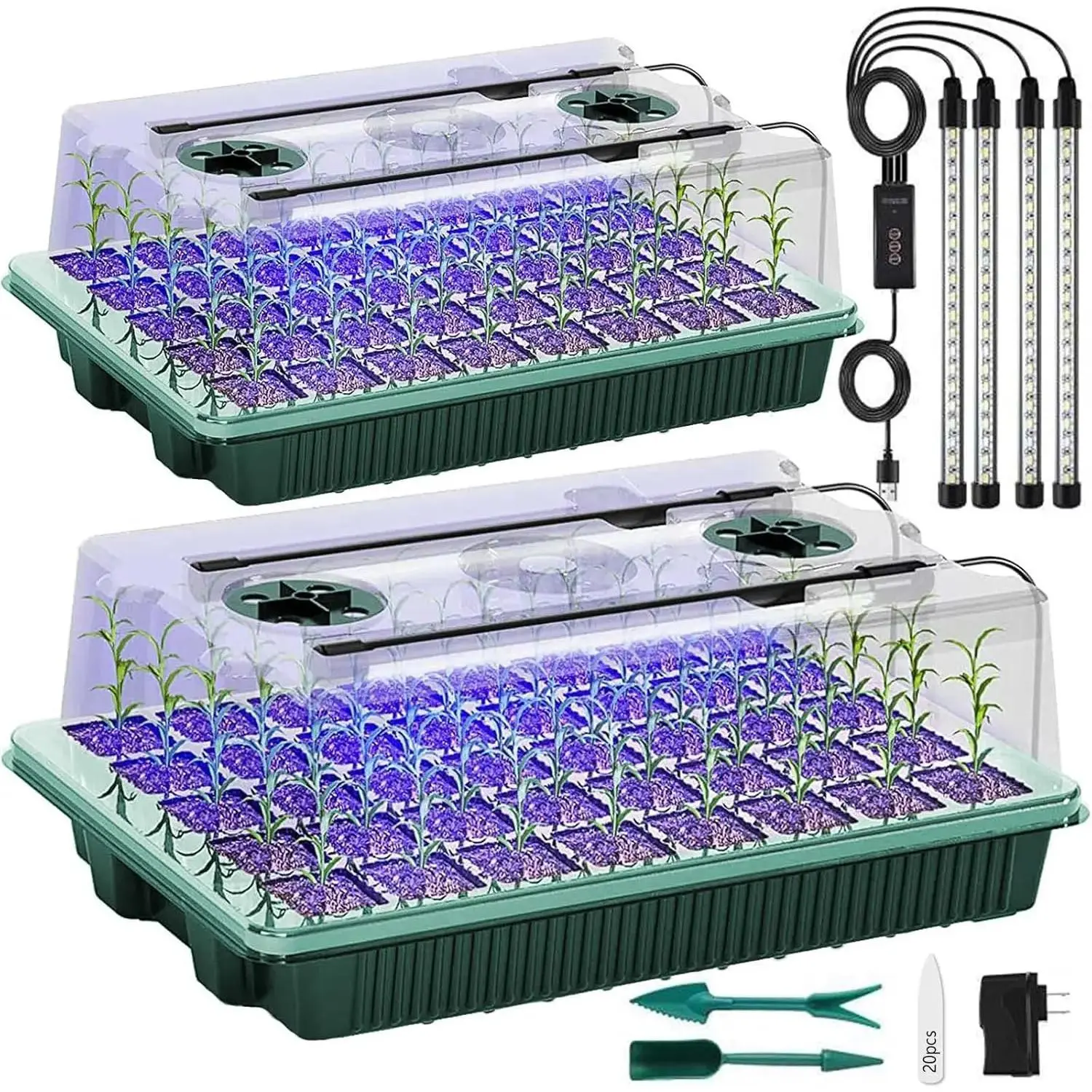 Seed Starter Tray with Grow Light, 2 Packs 80 Cells Seed Starting Kit Seedling Starter Trays with Grow Lights,  Germination Trays with Humidity Dome  Starter Kit
