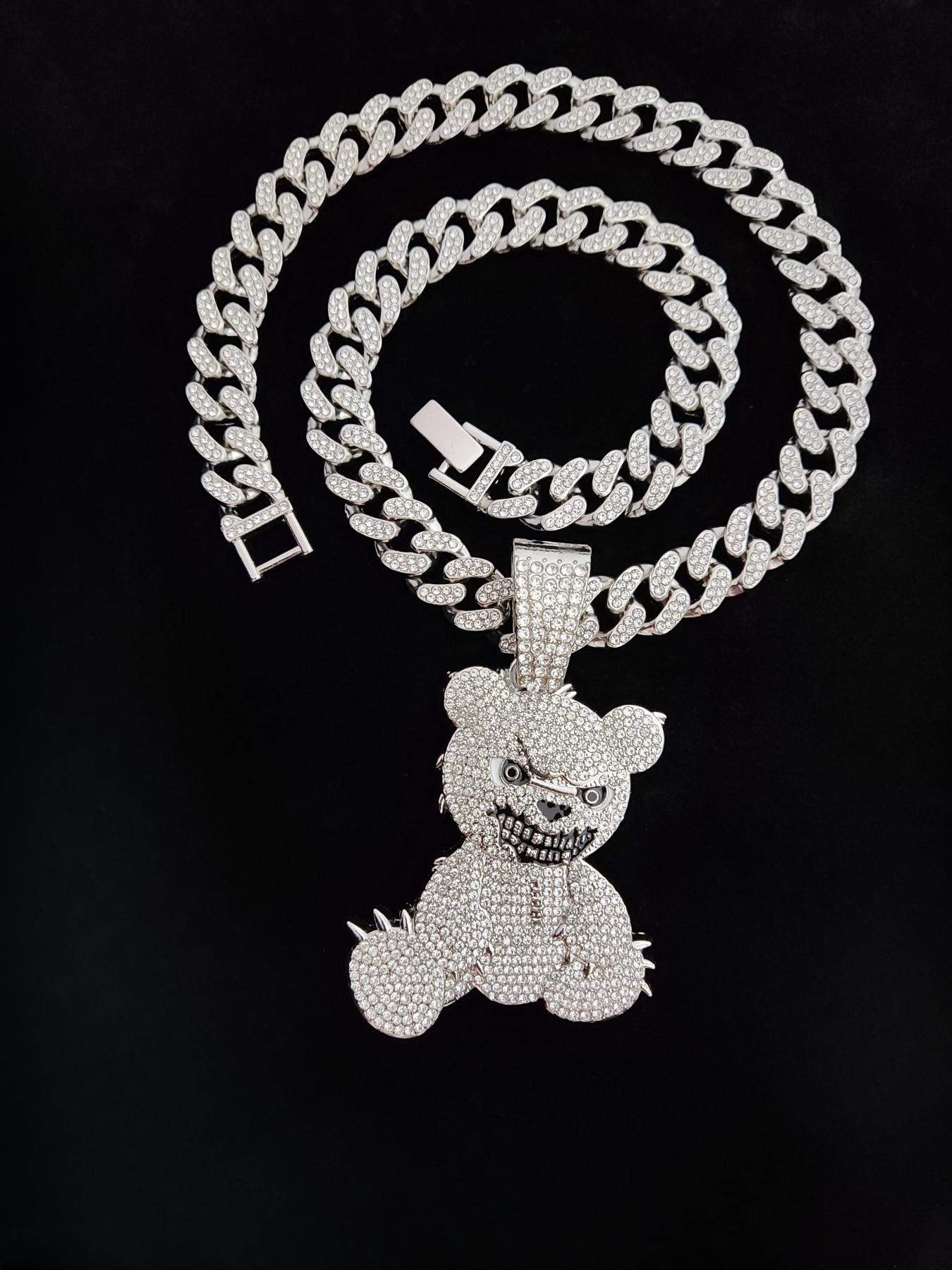 Unisex Punk Style Bear Pendant Necklace, Rhinestone Decor Cuban Chain Necklace, Fashion Jewelry for Party, Daily Decor, Bling Stylish Accessory, Jewelry for Birthday Gift, Valentine's Day, Cuban Link Chain, Necklaces Men, Statement Necklace