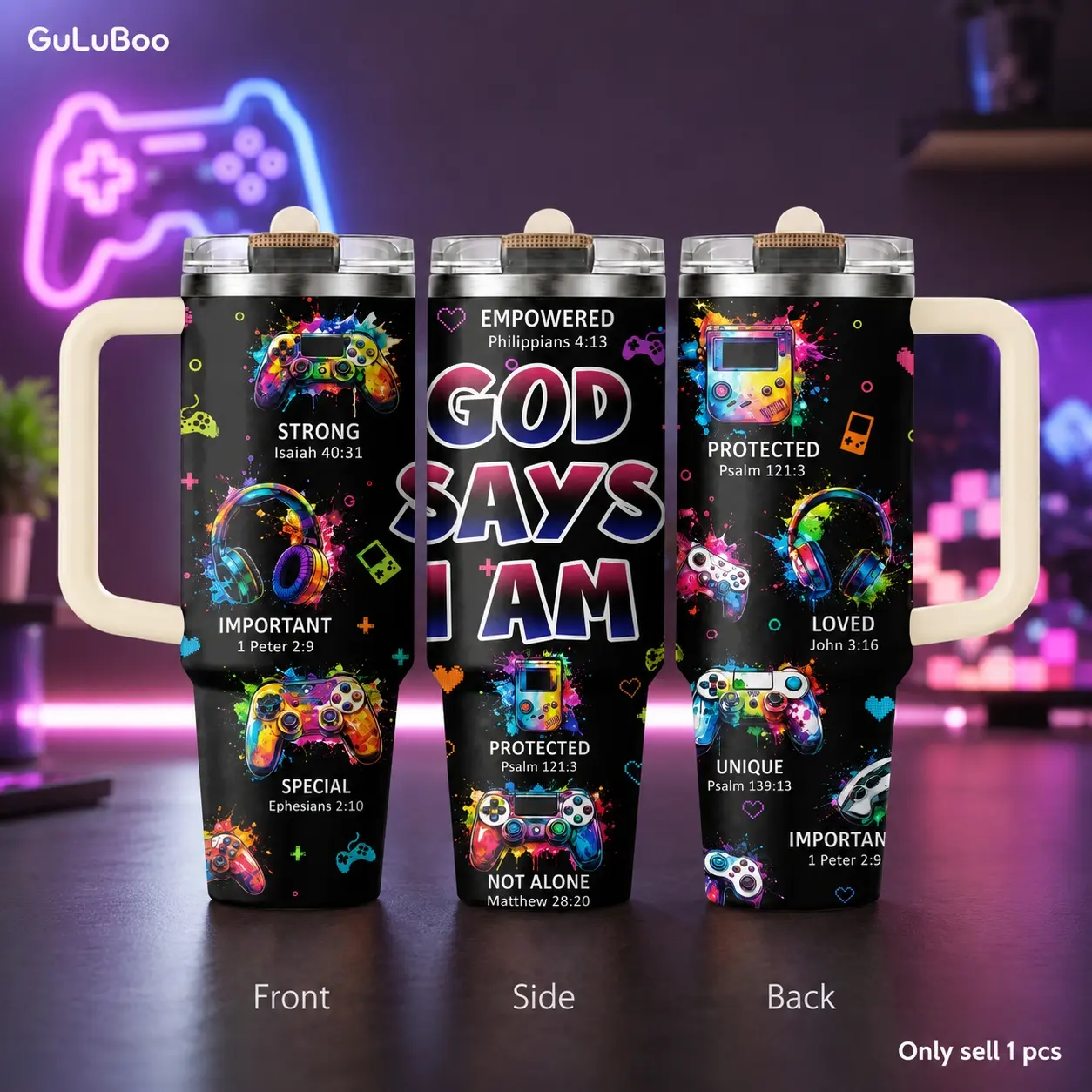 GOD Says I AM Gamer God Affirmation Art Vacuum Flasks 40oz 3rd Gen Vacuum Insulated Stainless Steel Tumbler with Handle, Straw Lid, Leak-Resistant Travel Mug for Water, Coffee, Gifts, Office, Gym & Car Cup Holder