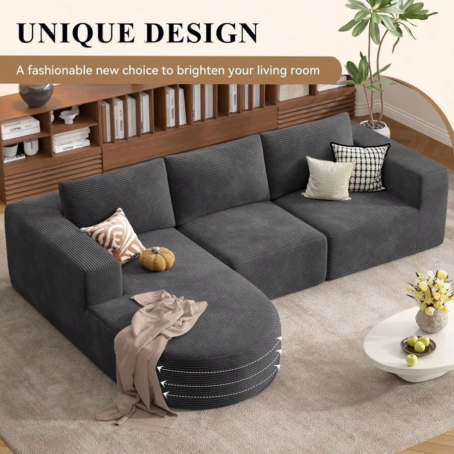 Modular Sectional Sofa With L-Shaped Recliner, Corduroy, Cloud Shaped Modern Sleeper Sofa With Deep Seat, Sponge Compression Sofa No Assembly Required