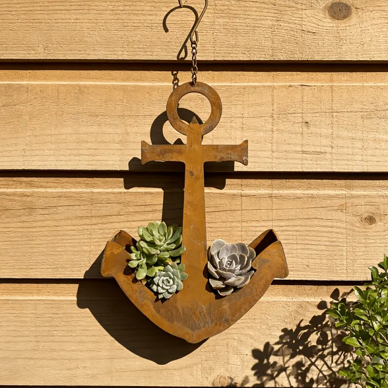 Rusty Metal Anchor-Shaped Plant Pot - Nautical-Themed Decorative Flower Pot With Hooks, Perfect For Garden, Patio, And Home Decor, Equipped With A Chain For Easy Hanging