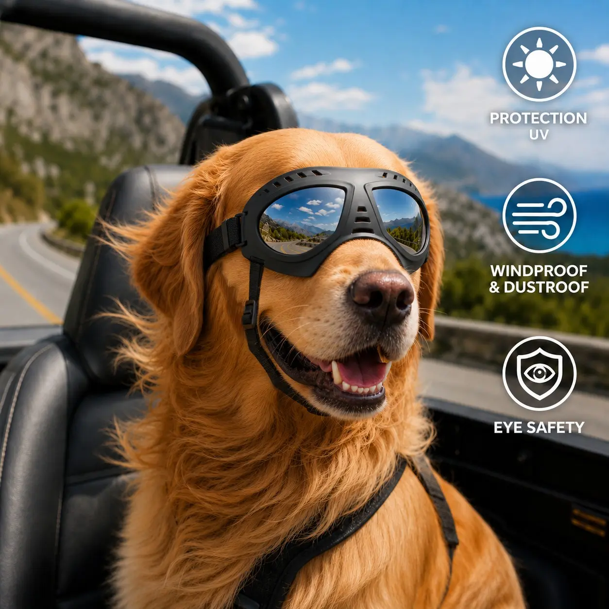 Adjustable Dog Goggles for Medium Large Dogs, UV Protection Windproof Sunglasses, Outdoor Ski Hiking Driving Pet Eye Glasses