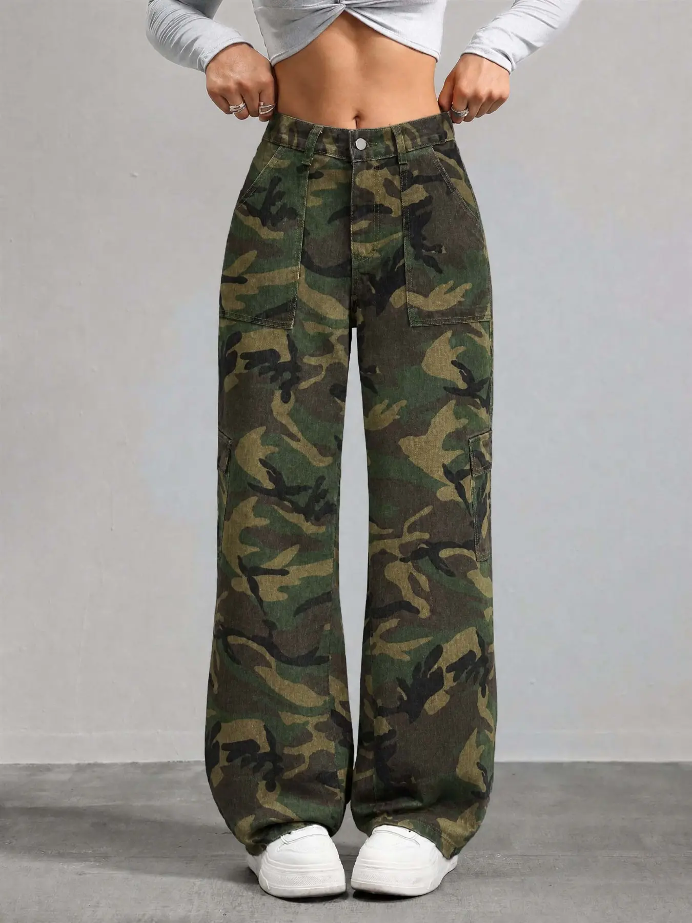 Women's Vintage Camouflage Cargo Wide Leg Jeans, Mid Waist Multi-Pocket Loose Streetwear Pants, Hip-Hop Casual Flowy Long Trousers