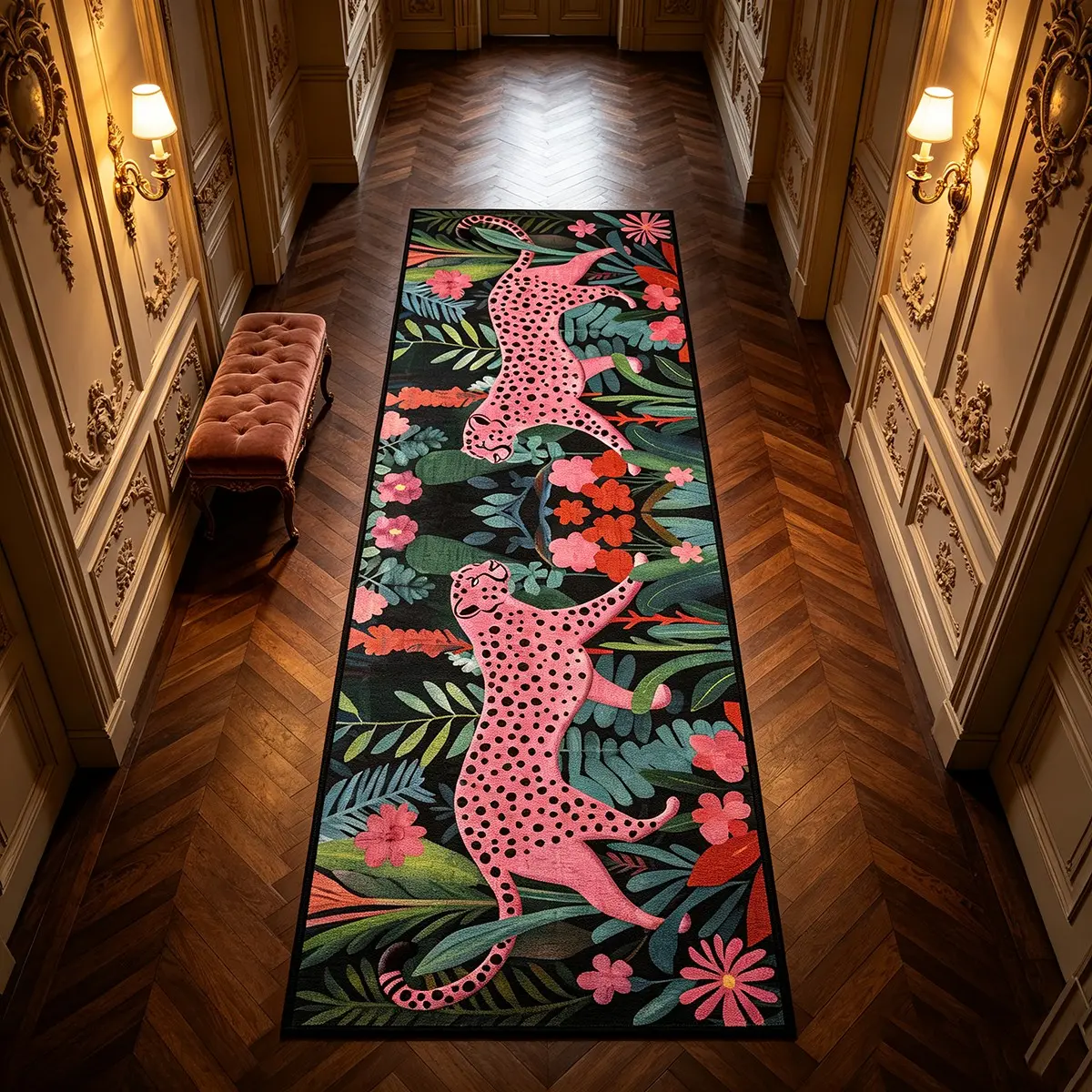 Vintage Tropical Floral Leopard Print Rug, Soft Foldable Non-Slip Carpet, Decorative for Living Room Bedroom Sofa