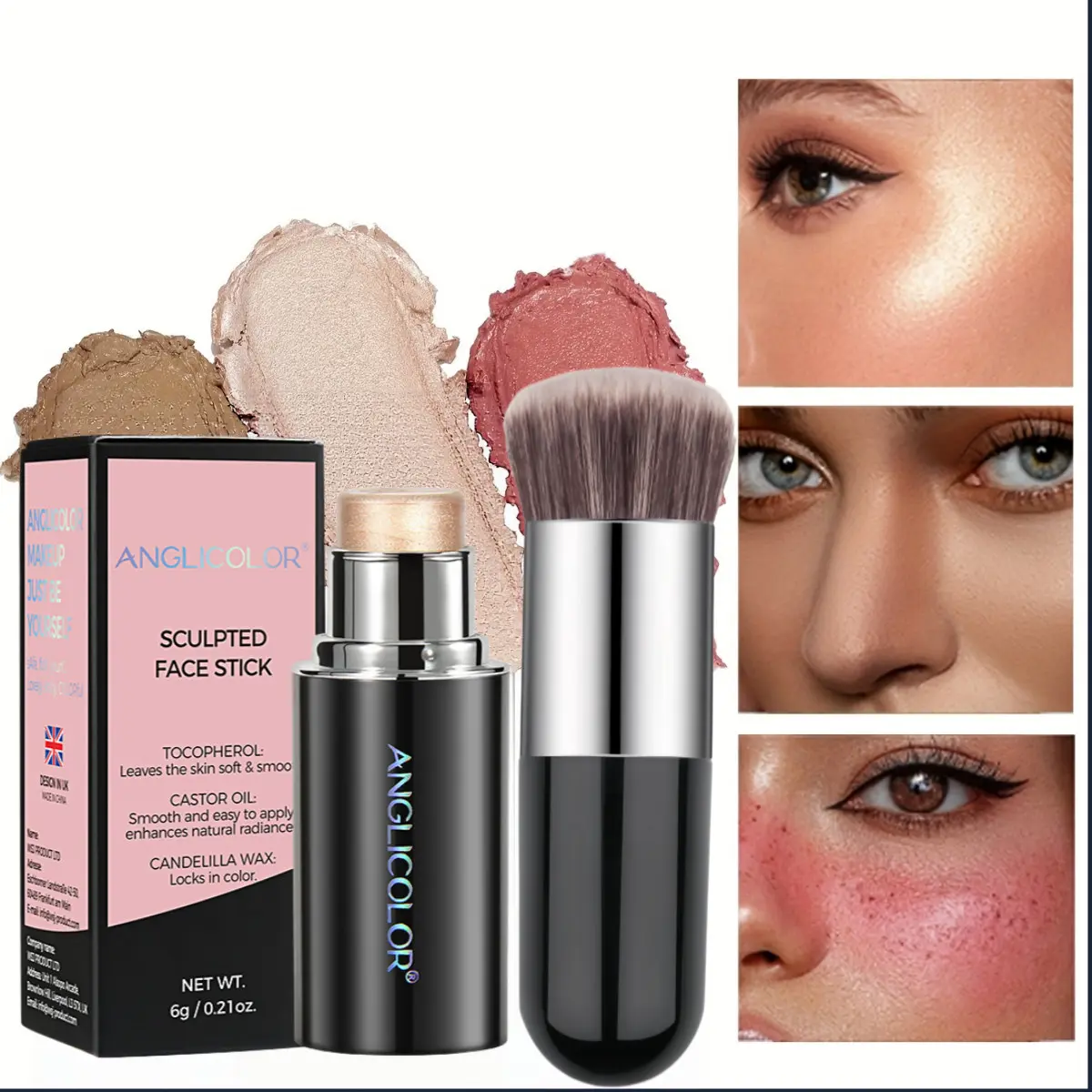 Multifunctional Highlighter Concealer Makeup Stick, Includes Brush, Shimmer Hydrating Effect, Sculpting Blush, Perfect for Highlight, Contour, Blush