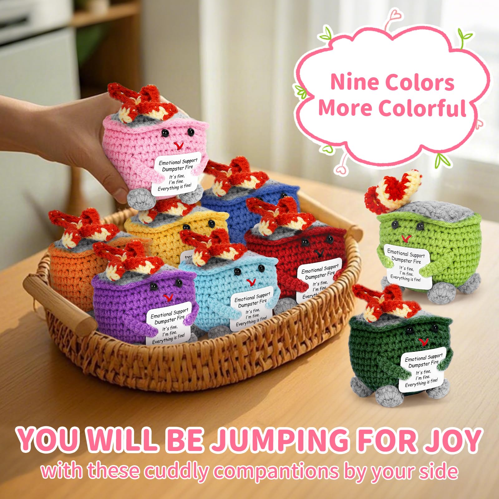 Emotional Support Handmade Crochet Dumpster Fire with Positive Card, Cute Room Decor, Funny Knitted Toys Gifts for Friends, Soft Stuffed Doll