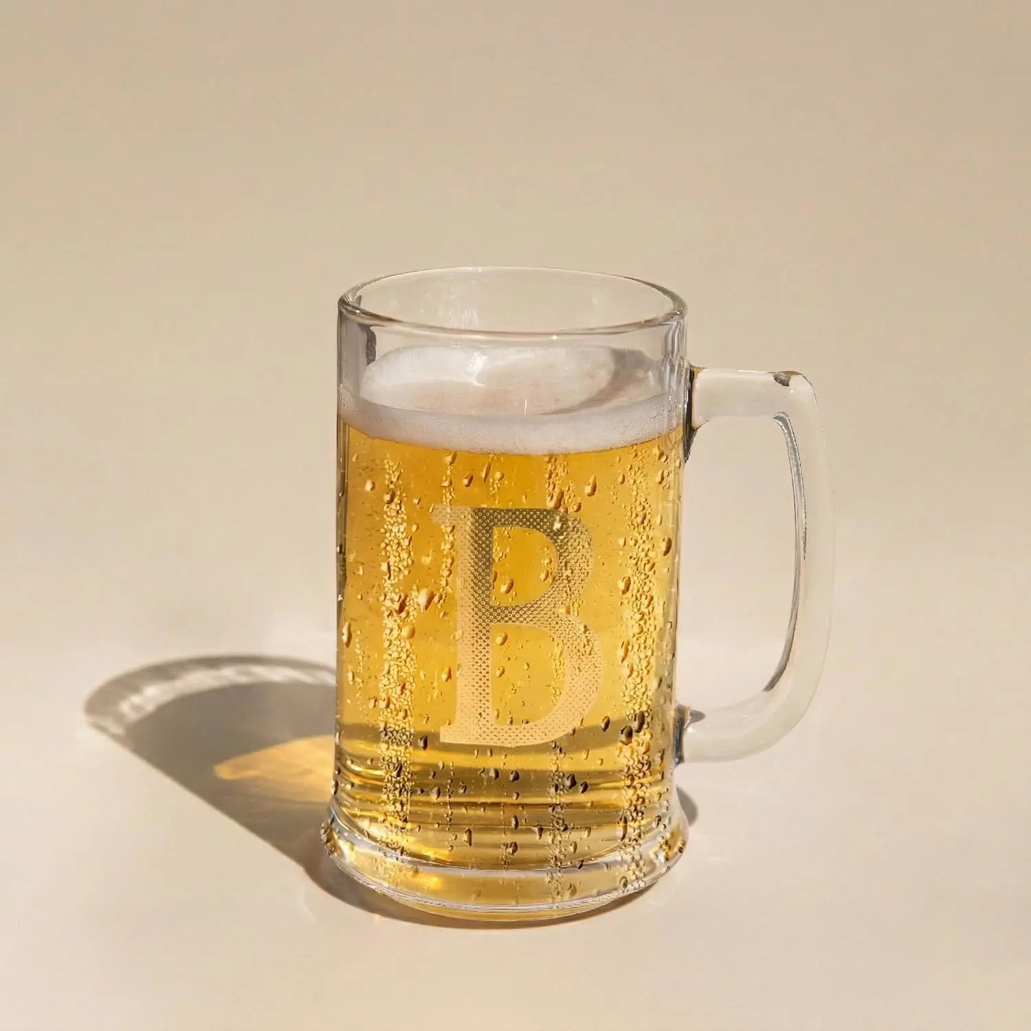 Personalized Monogram Beer Mug - 14oz Glass Stein with Gilded Accents, Ready-to-Gift in Designer Box, Premium Gift for Men, Birthday or Father's Day (B)