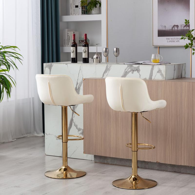 Chrome Footrest and Base Swivel Height Adjustable Mechanical Lifting Velvet + Golden Leg Simple Bar Stool,Set of 2,Ivory Furniture Lounge gaming chair vanity chair Modern Aesthetic criss cross chair gaming chair