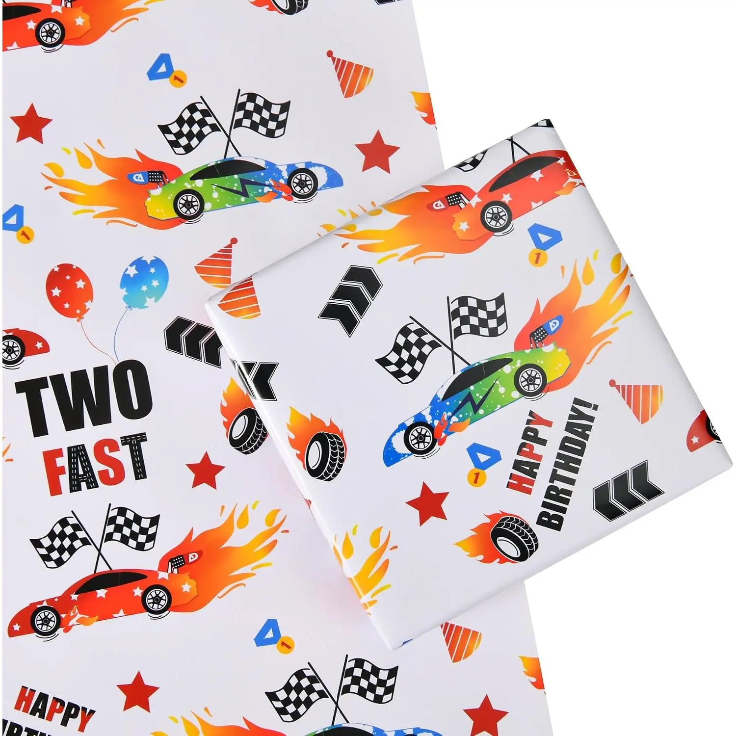 Two  Wrapping Paper, 4 Large Sheets Race  Wrapping Paper for  2nd Birthday, 39.4 x 27.6 Inches Per Sheet(Two  Race )