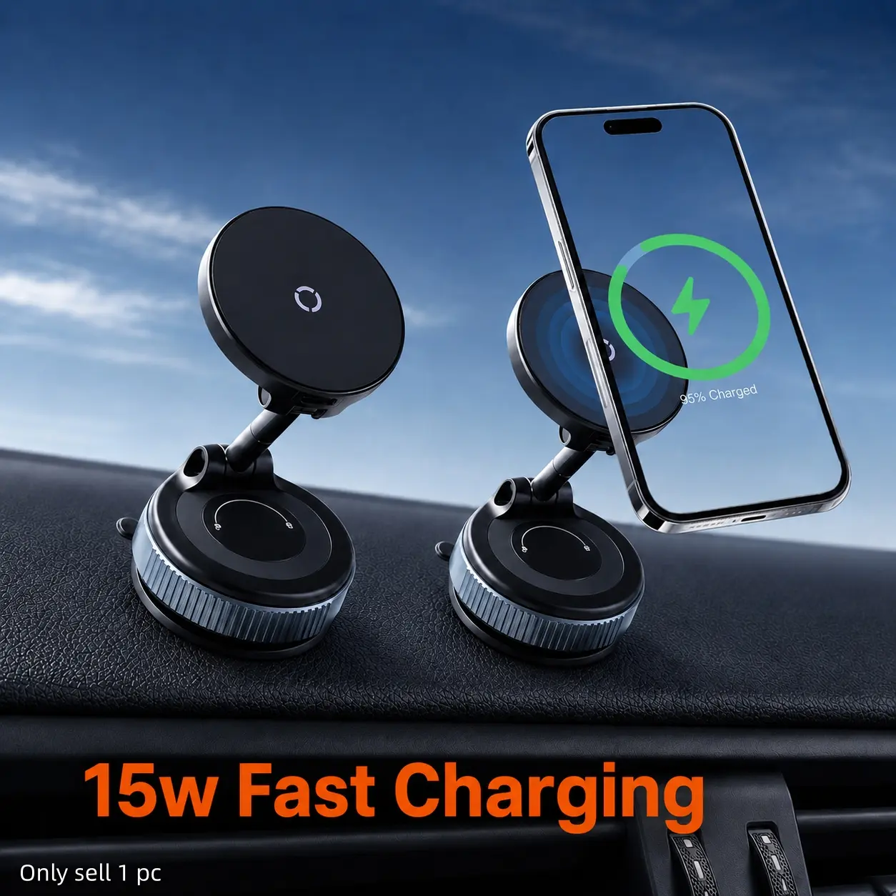 15W MagSafe Car Charger Mount, Vacuum Suction Magnetic Phone Holder with 360° Adjustable Stand, Quick Removal Wireless Charging Mount for iPhone 12-17 Pro Max, Car Accessories
