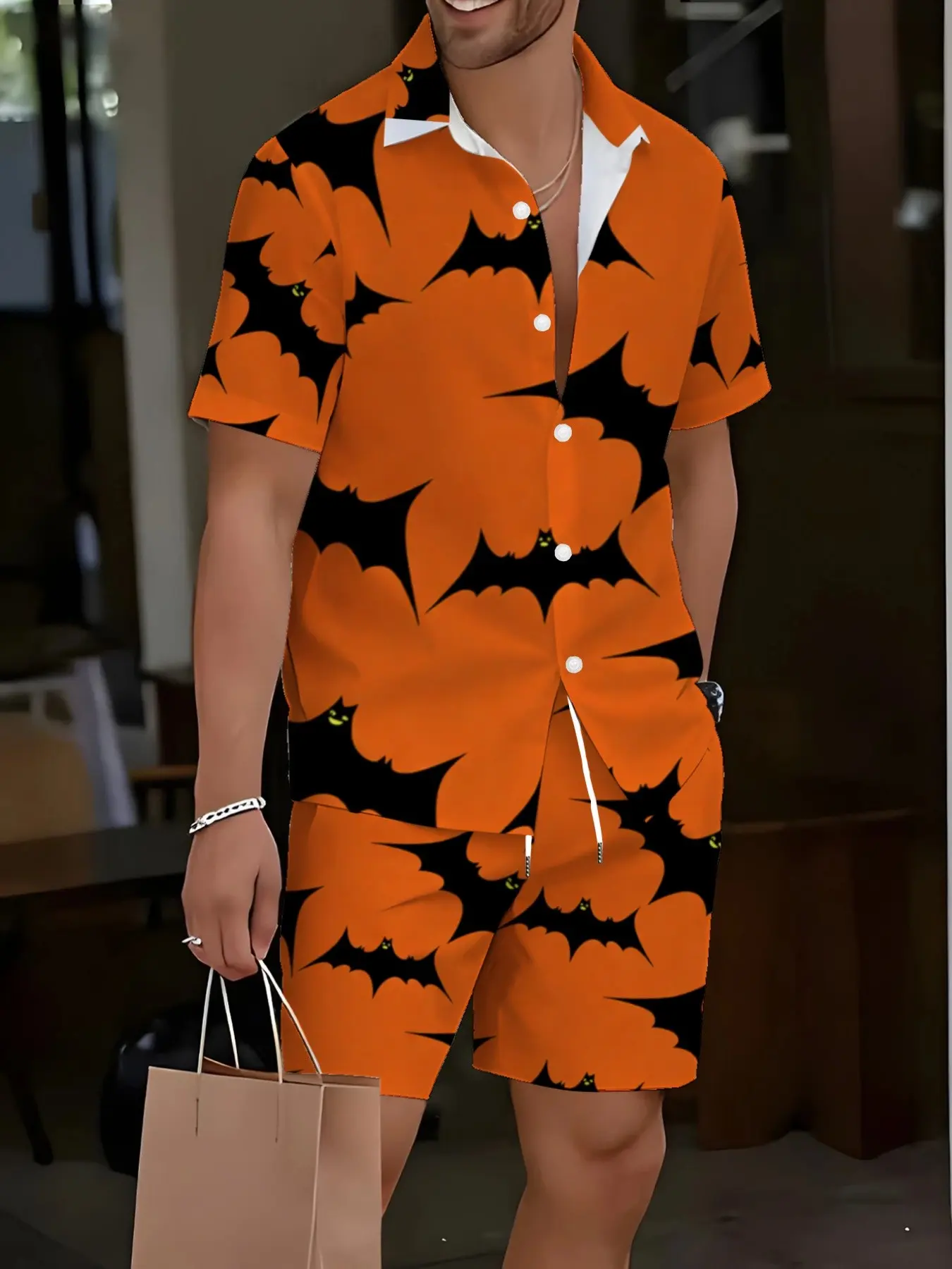 2pcs Men 3D All Over Sublimation Print Suit Cute Halloween Cartoon Ghost Grim Reaper Tomb Bat Pattern Short Sleeve Button Up Shirt Drawstring Casual Shorts Loose Vacation Matching Outfit For Family Cosplay Daily Wear