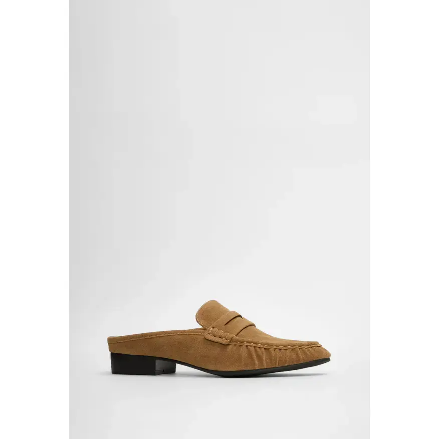 JUST FAB Women's Backless Loafer Mules, Slip-On Penny Loafers with Low Block Heel and Ruched Square Toe Casual Shoes Suede Loafer Comfort Footbed