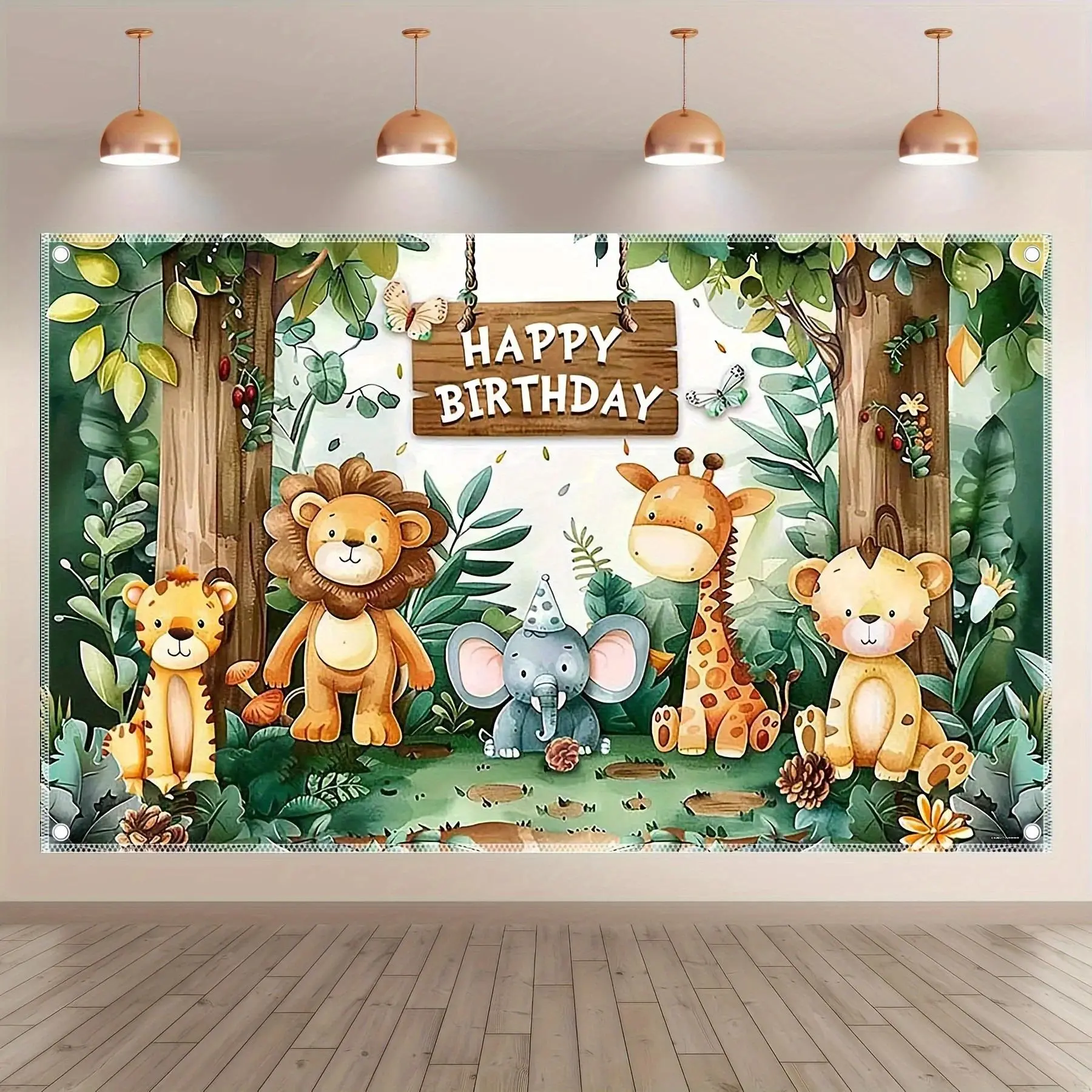 Wild animal jungle birthday background, photography backdrop with punch hole, cartoon zoo party decoration Banners Border